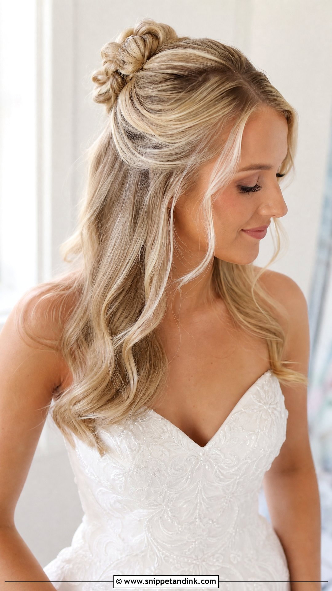 Half Up Bun With Loose Waves - Snippet and Ink - 20 Half-Up Do Wedding Ideas
