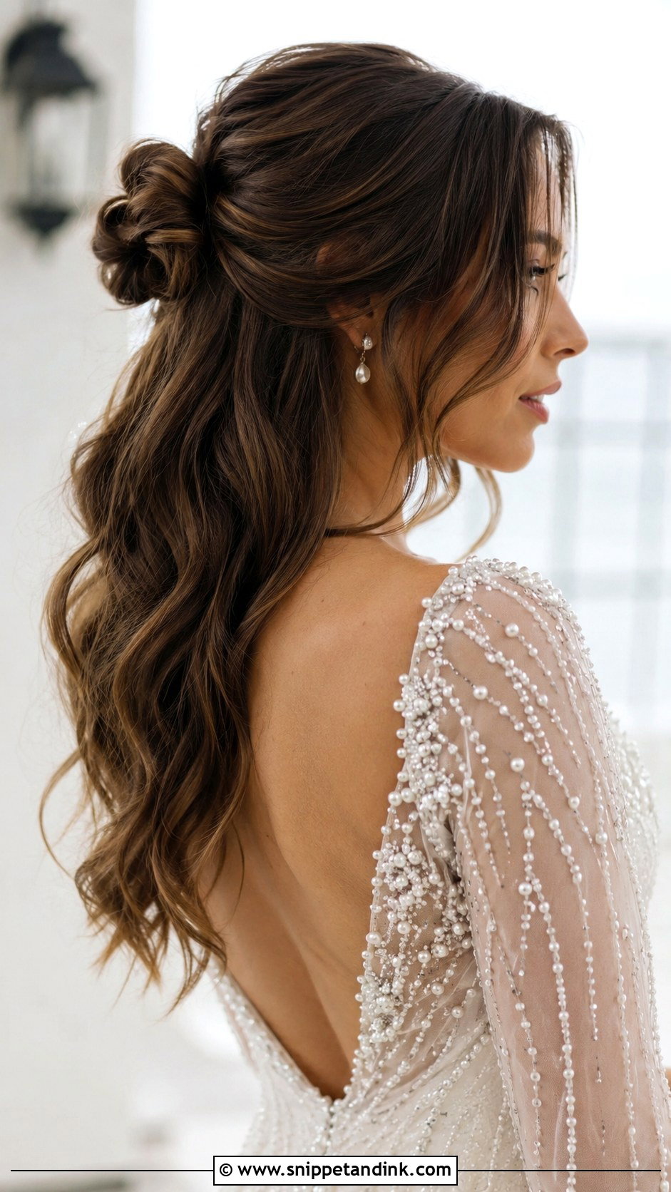 Half Up Bun With Loose Waves - Snippet and Ink - 20 Long Brunette Half-Up Half-Down Wedding Hair Ideas