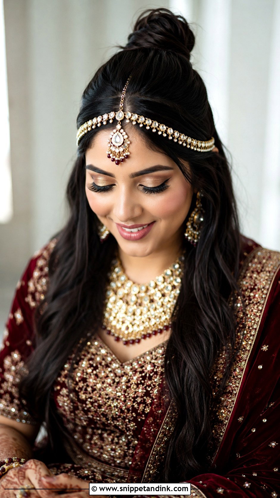 Half Up Bun With Matha Patti - Snippet and Ink - 25 Indian Wedding Hairstyle for Short Hair Ideas