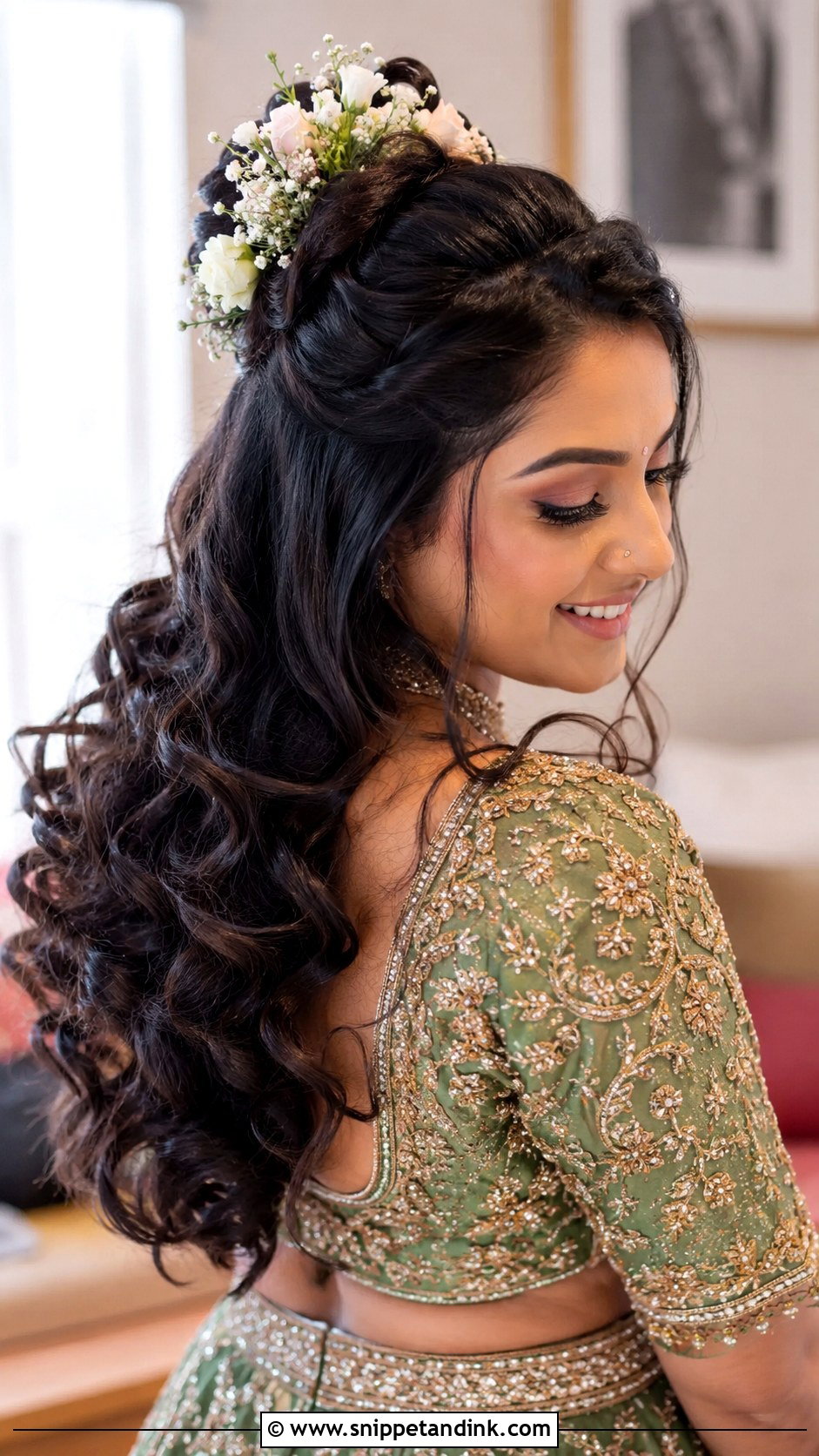Half Up Bun With Open Curls - Snippet and Ink - 25 Open Hair Indian Bride Ideas