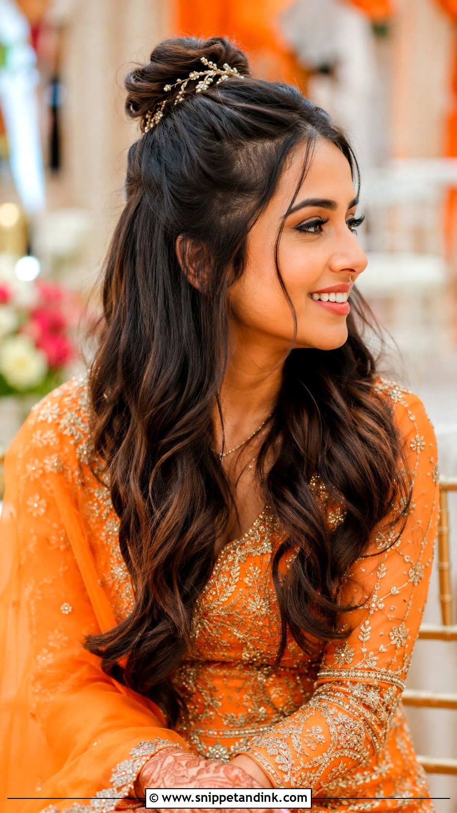 Half Up Bun With Open Hair - Snippet and Ink - 35 Mehndi Hairstyles