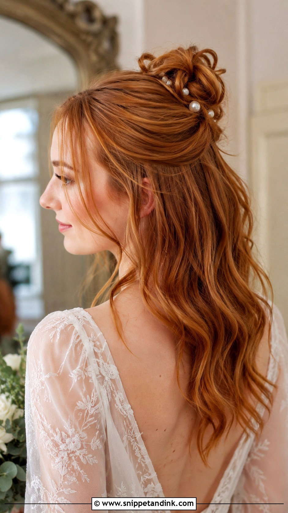 Half Up Bun With Pearl Details - Snippet and Ink - 20 Wedding Hairstyles with Pearls