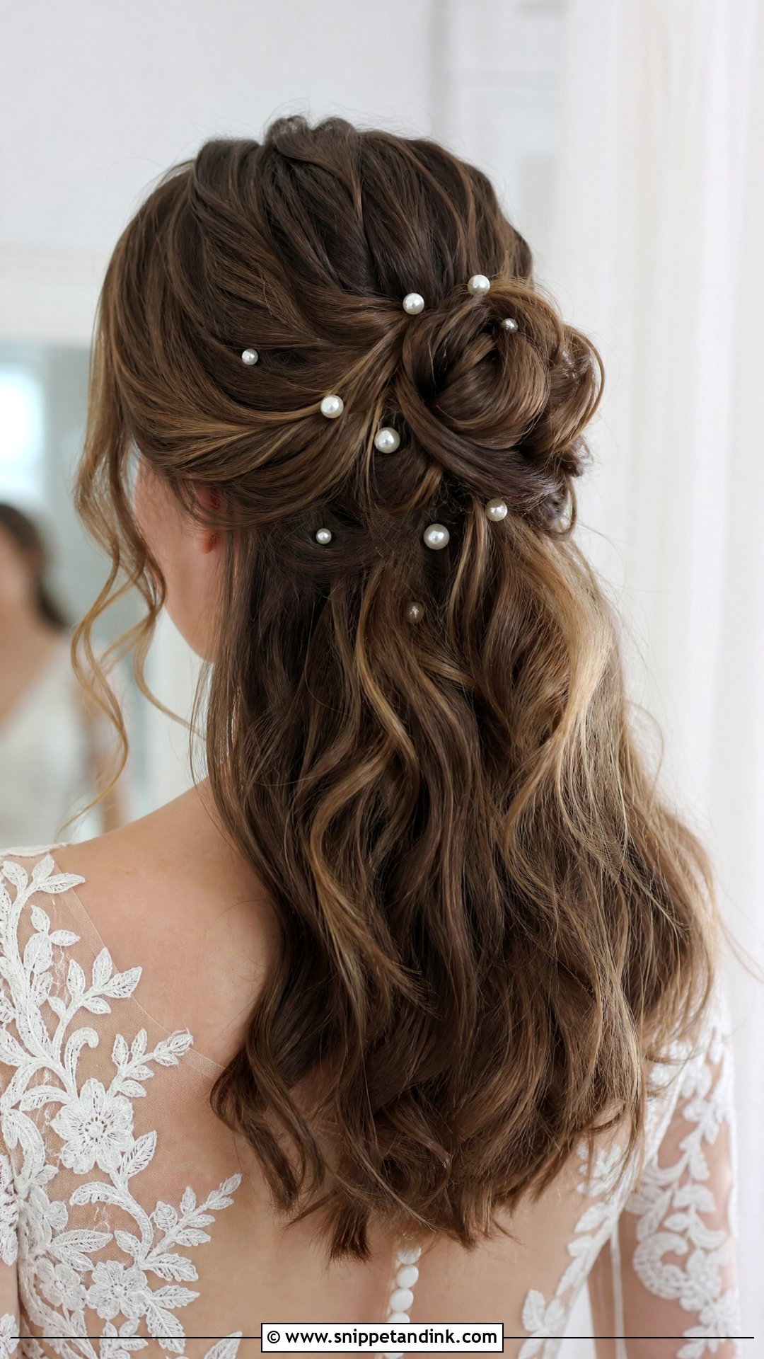 Half Up Bun With Pearl Pins - Snippet and Ink - 20 Half-Up Half-Down Bun Wedding Hair Ideas