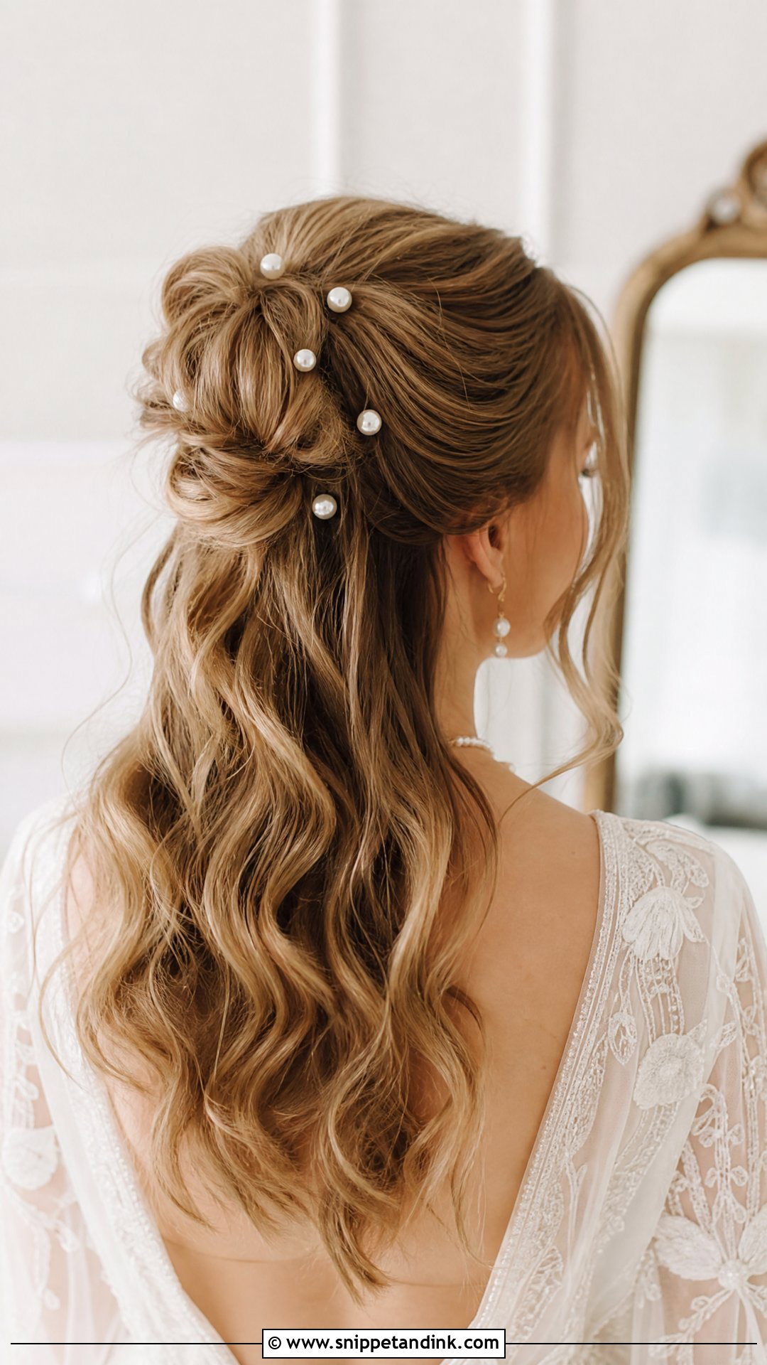 Half Up Bun With Pearl Pins - Snippet and Ink - 20 Half-Up Bun Wedding Hair Ideas