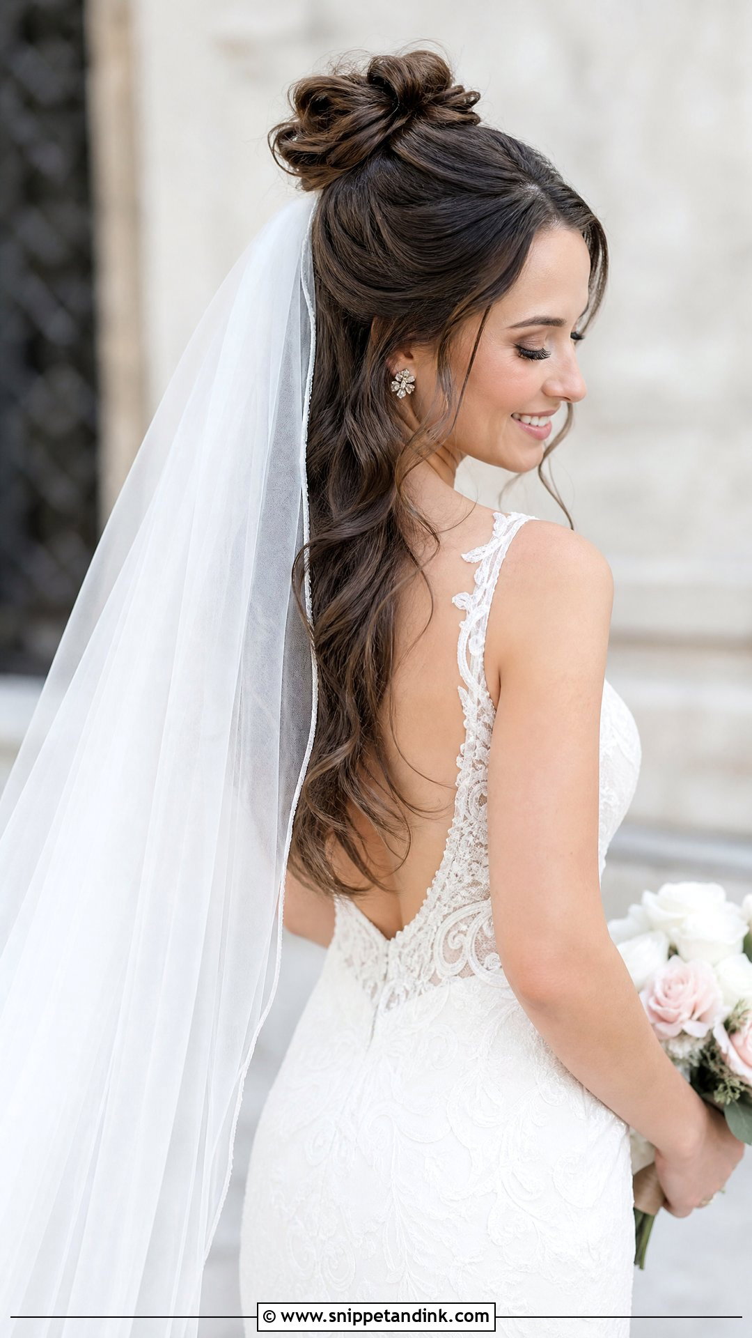 Half Up Bun With Veil - Snippet and Ink - 20 Half-Up Bun Wedding Hair Ideas
