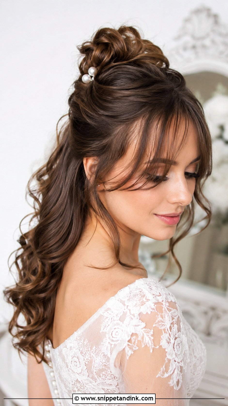 Half Up Bun With Wispy Bangs - Snippet and Ink - 20 Hairstyle with Bangs for Wedding Ideas