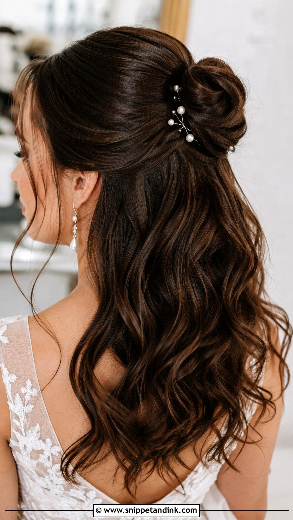Half Up Bun for Brunette Brides - Snippet and Ink - 20 Brunette Bridal Half-Up Half-Down Hair Ideas