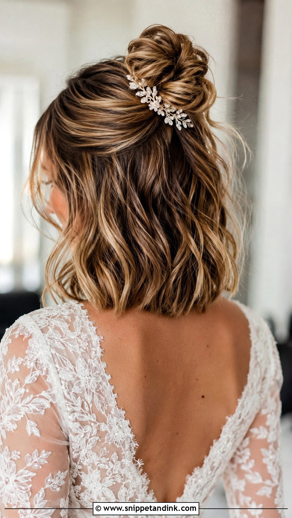 Half Up Bun for Short Hair - Snippet and Ink - 20 Short Hair Bun Wedding Ideas