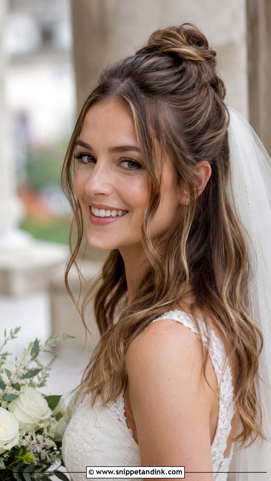 Half Up Bun with Loose Waves for Medium Hair - Snippet and Ink - 25 Mid Length Bridal Hair Ideas