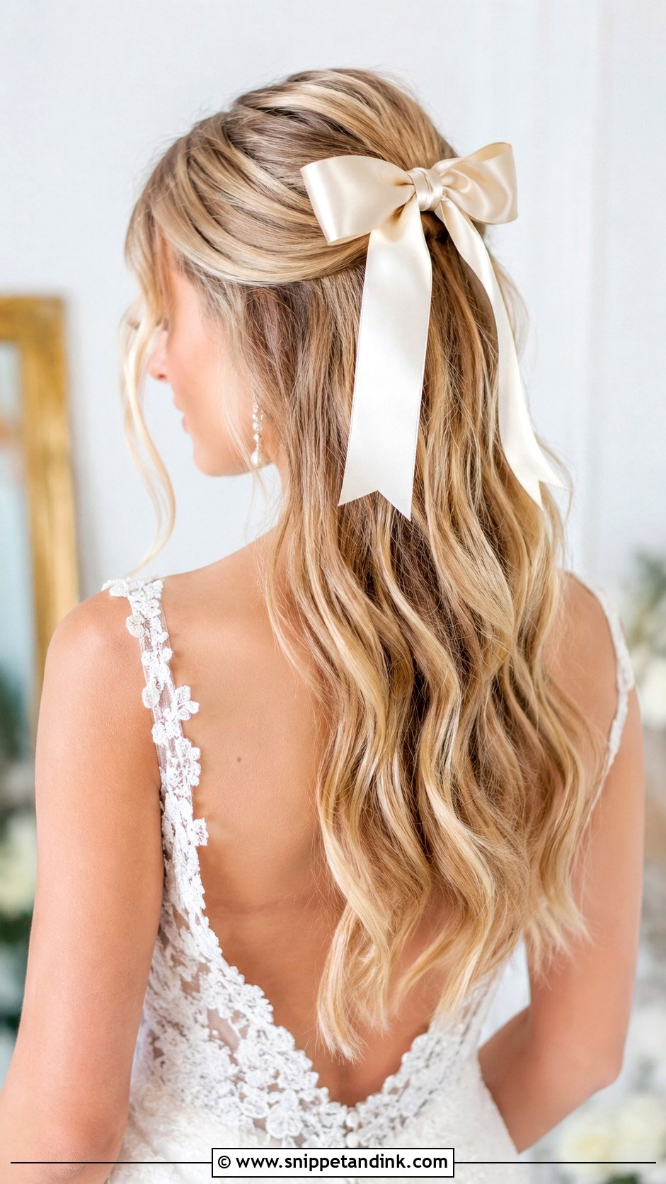 Half Up Champagne Bow With Loose Waves - Snippet and Ink - 25 Wedding Hair Bow Ideas