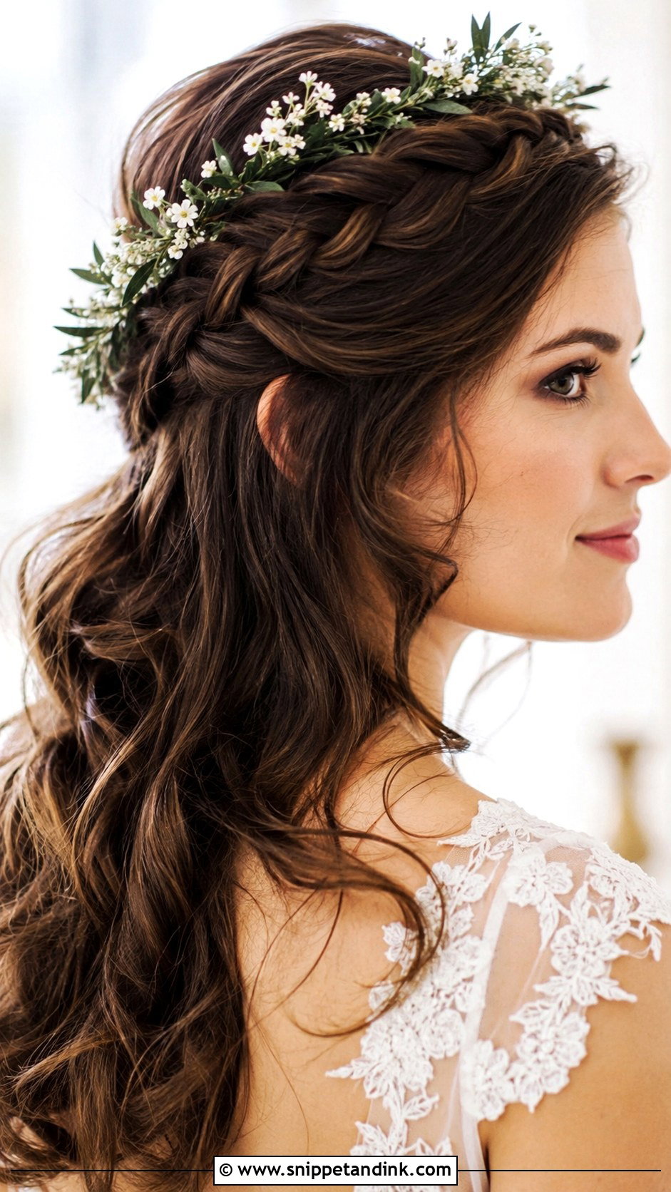 Half Up Crown Braid Wedding Hair - Snippet and Ink - 20 Brunette Bridal Half-Up Half-Down Hair Ideas