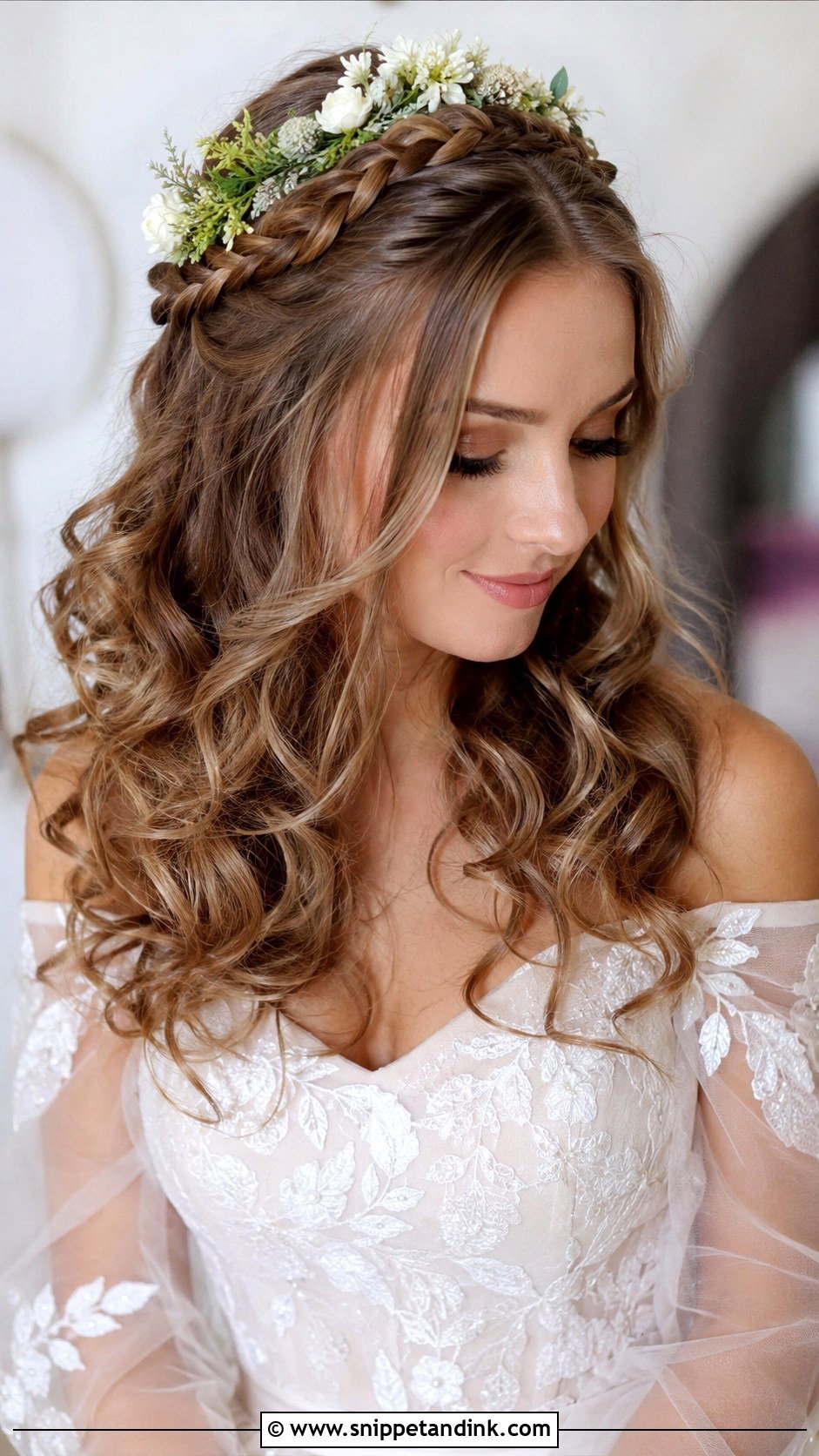 Half Up Crown Braid With Curls - Snippet and Ink - 20 Medium Length Wedding Half-Up Half-Down Ideas