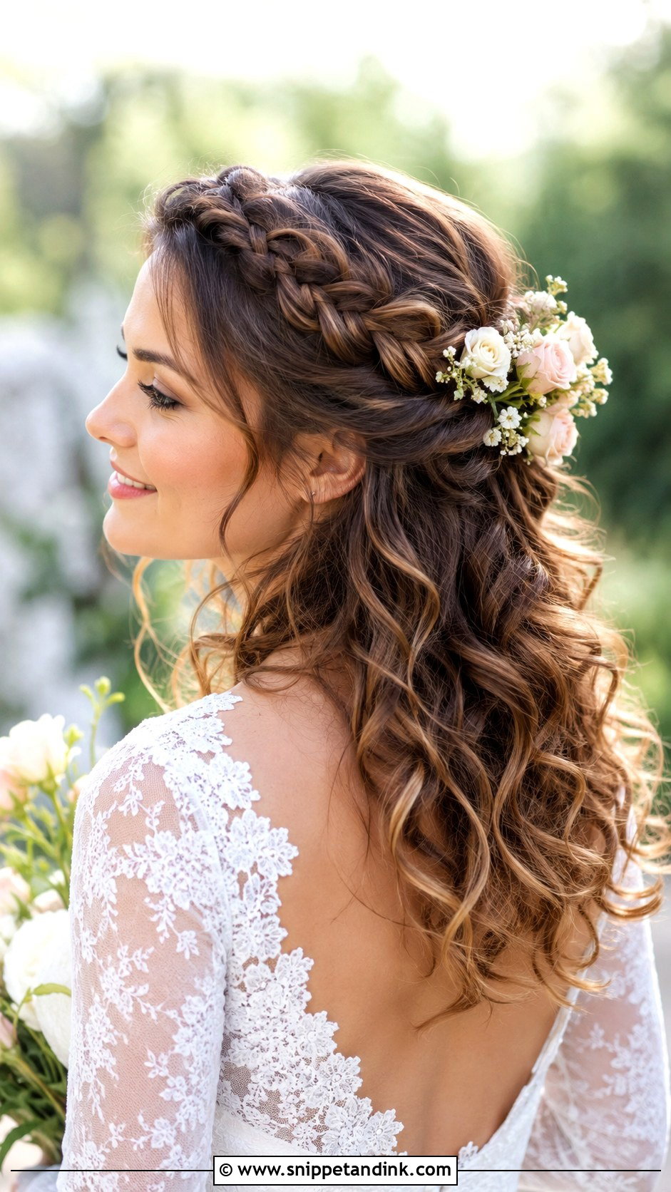 Half Up Crown Braid With Curls Wedding Hair - Snippet and Ink - 25 Romantic Half-Up Wedding Hair Ideas