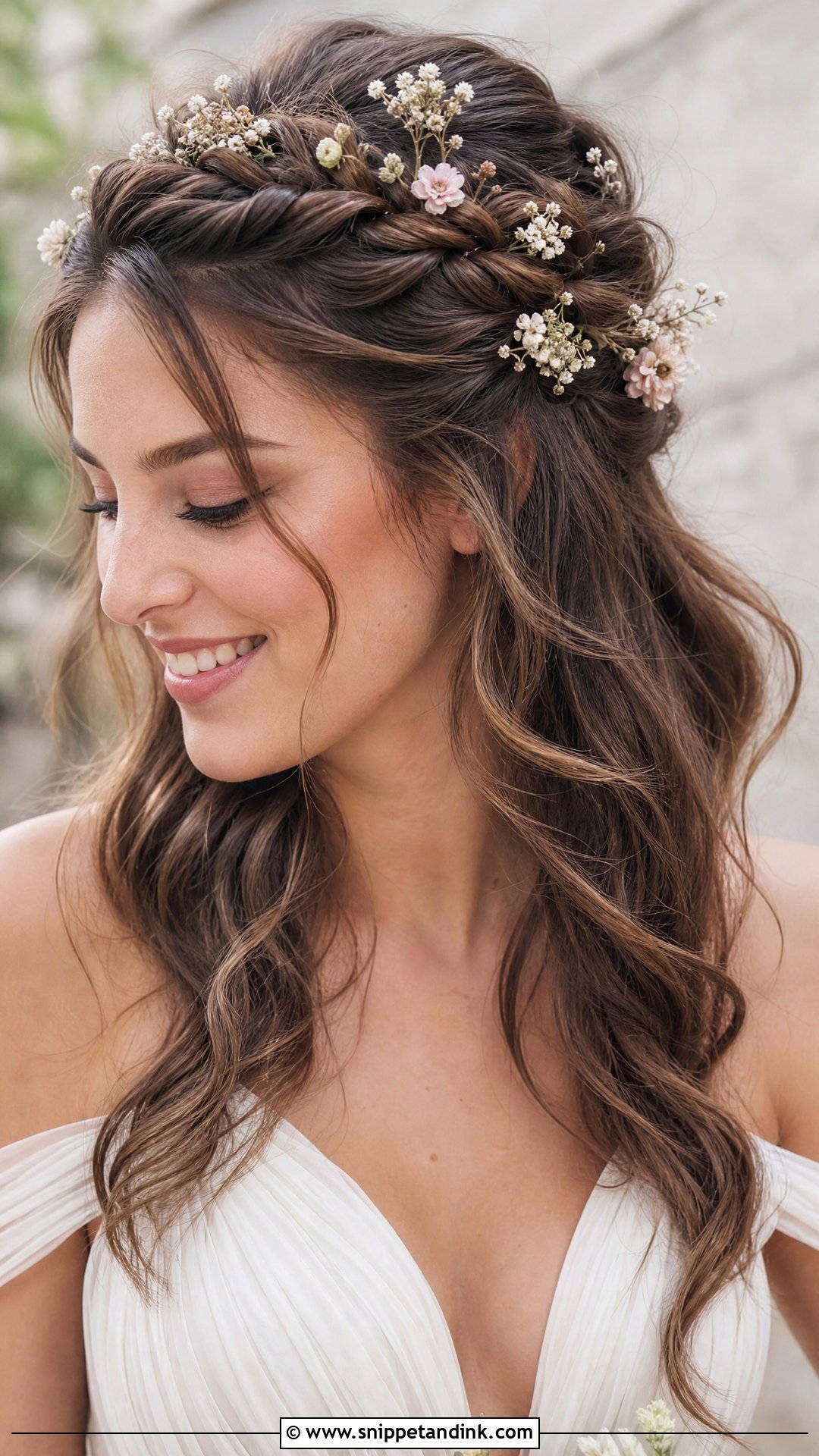 Half Up Crown Braid With Flowers - Snippet and Ink - 20 Wedding Hair Down with Flowers
