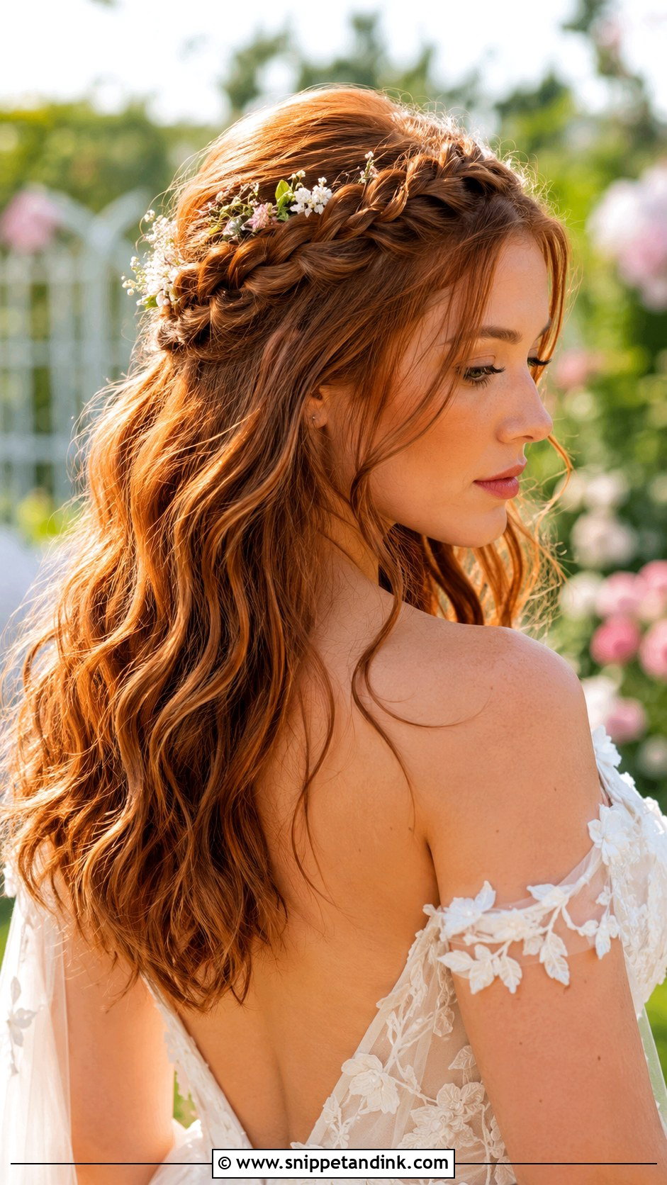 Half Up Crown Braid With Waves - Snippet and Ink - 25 Half-Up Long Hair Wedding Styles