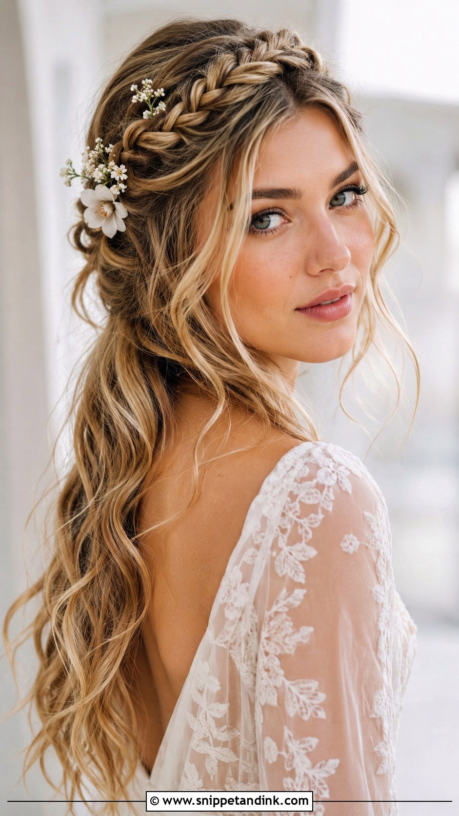Half Up Crown Braid With Waves - Snippet and Ink - 30 Half Updo Wedding Hair Ideas