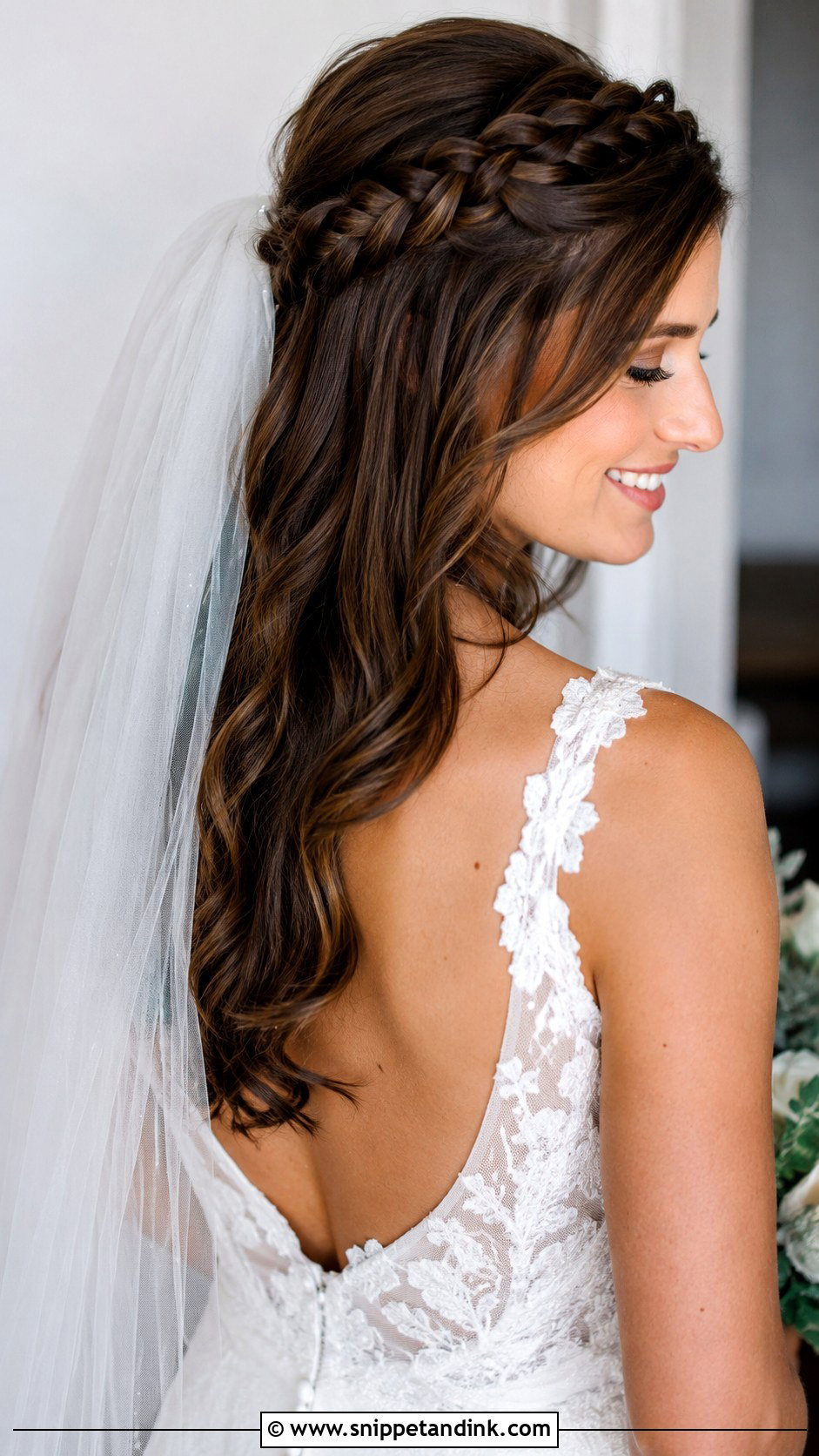 Half Up Crown Braid with Veil - Snippet and Ink - 25 Medium Length Half-Up Bridal Hair Ideas