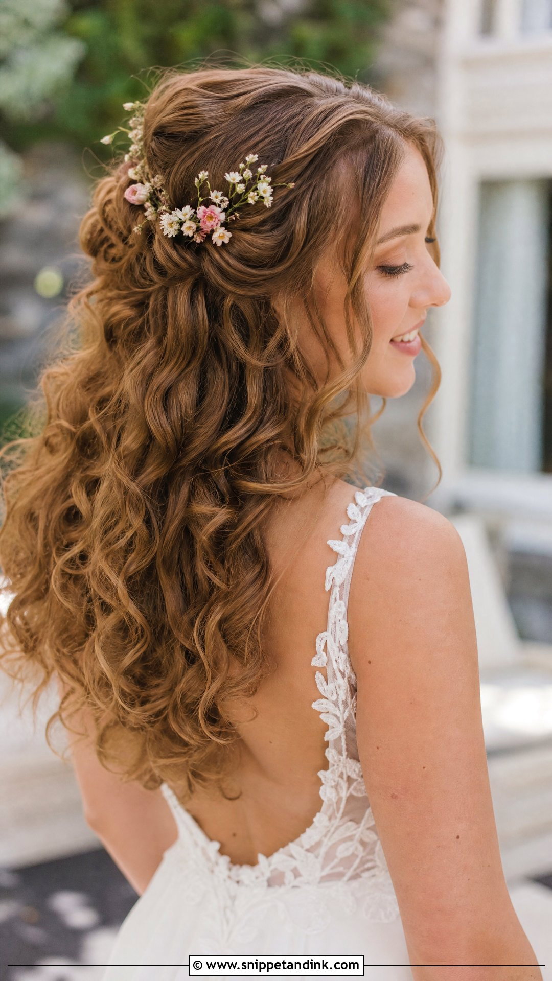 Half Up Crown With Floral Pins - Snippet and Ink - 20 Long Half-Up Half-Down Wedding Hairstyles