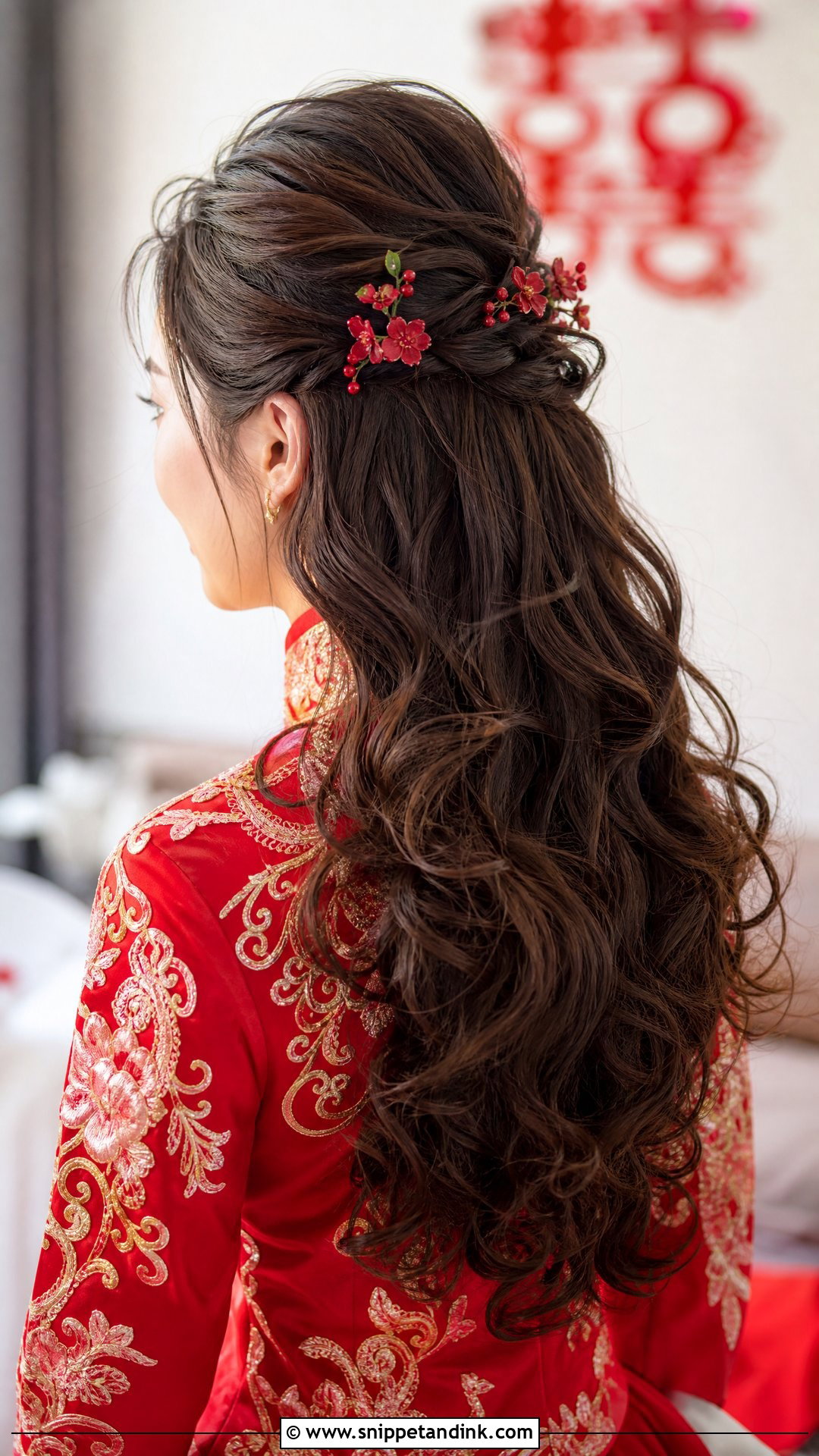 Half Up Curls With Floral Pins - Snippet and Ink - 20 Chinese Wedding Hair Ideas