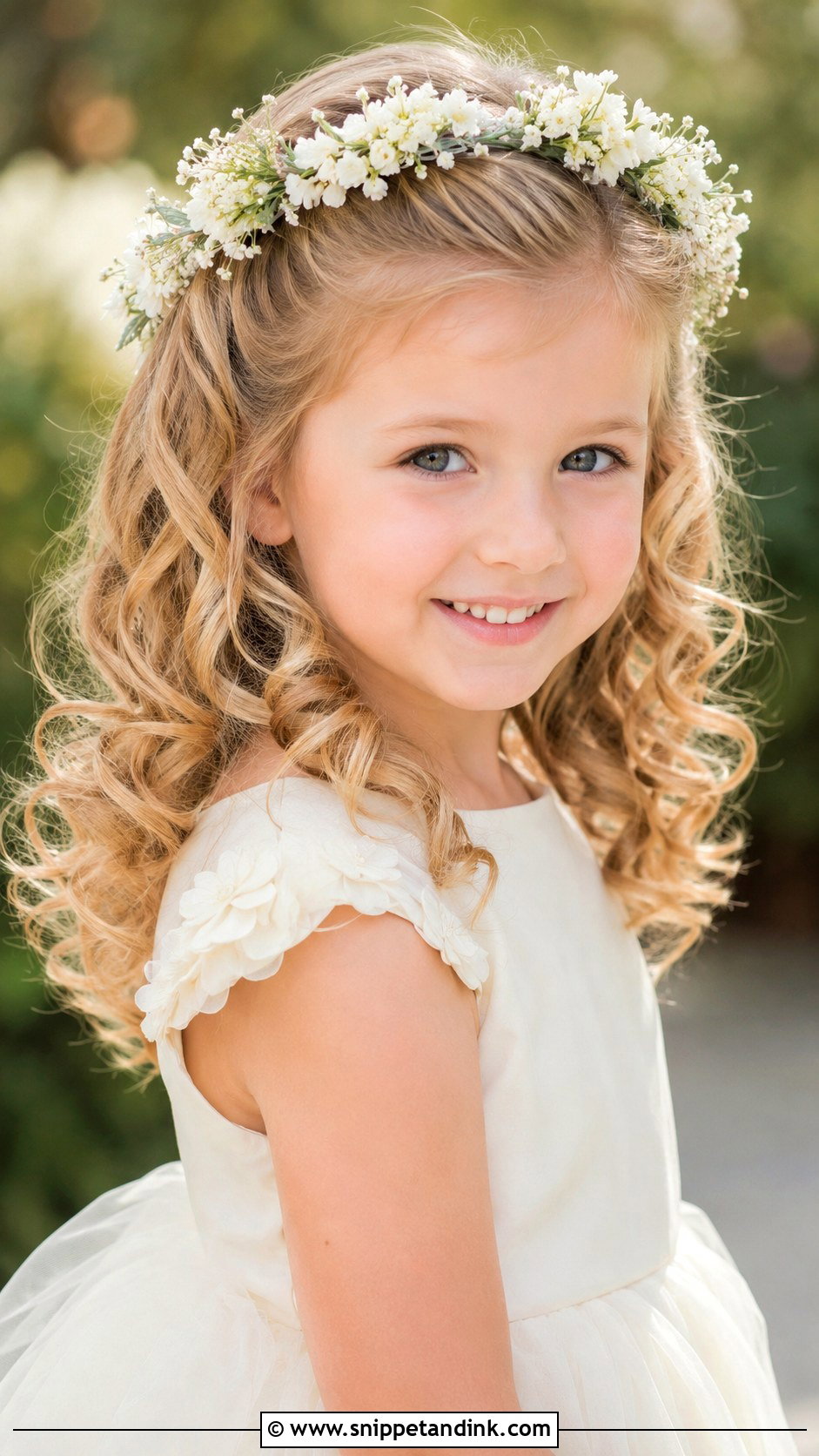 Half Up Curls With Flower Crown - Snippet and Ink - 30 Kids Hairstyles for Wedding