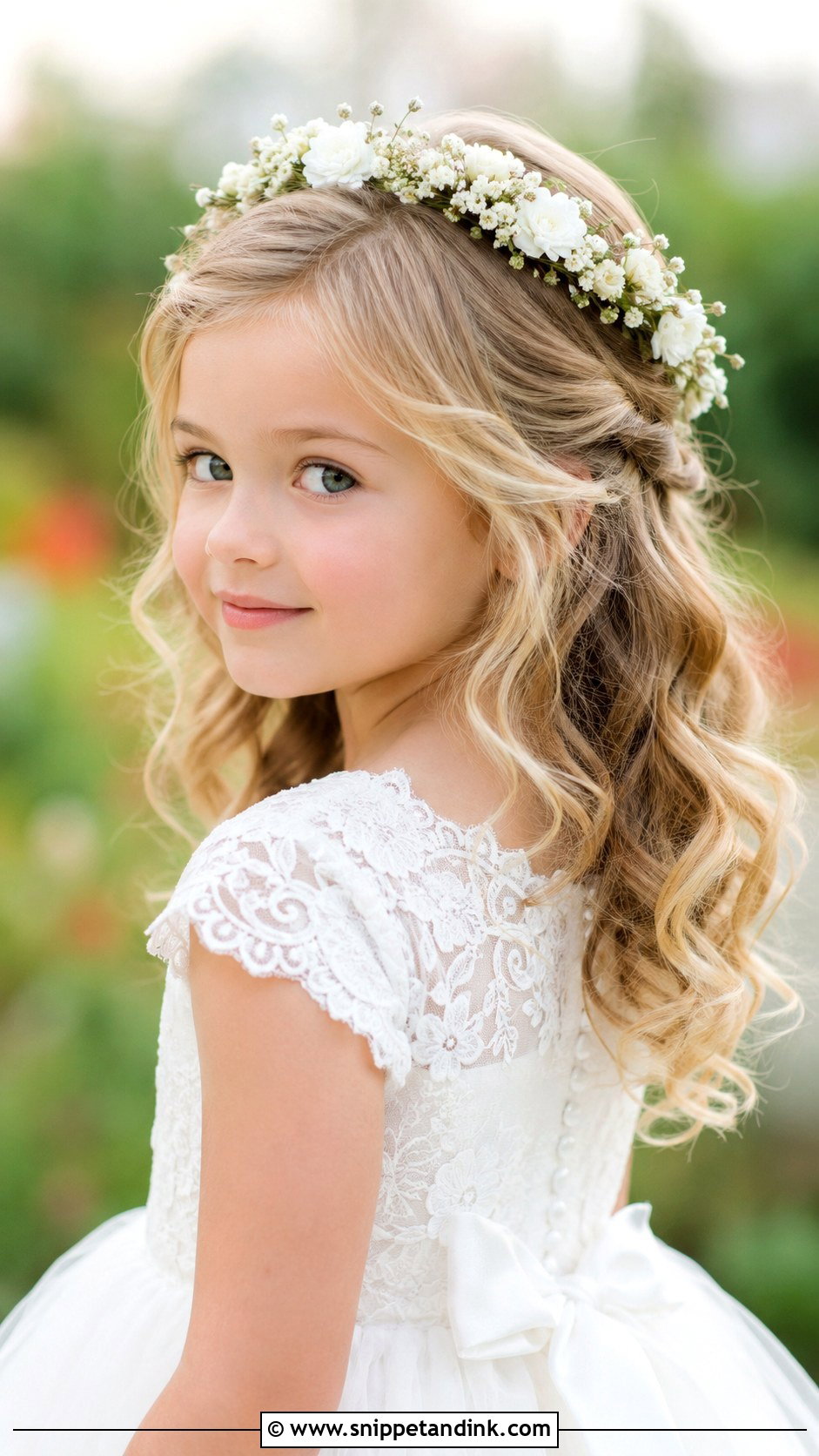 Half Up Curls With Flower Crown - Snippet and Ink - 30 Kids Wedding Hair Ideas