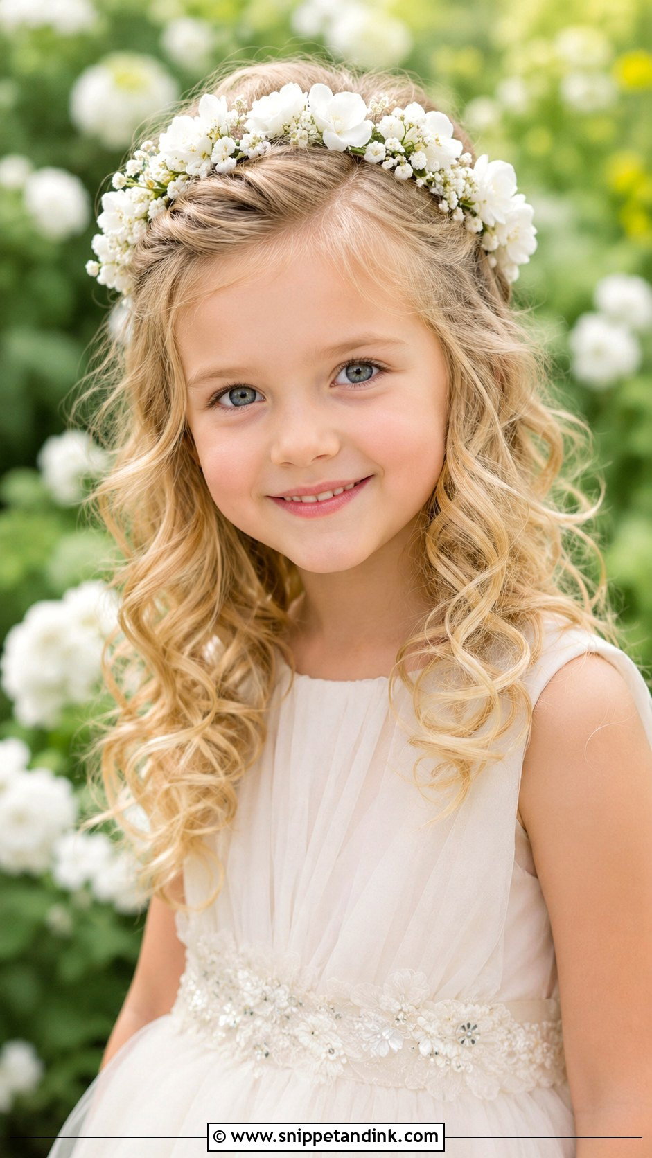 Half Up Curls With Flower Crown - Snippet and Ink - 20 Girls Wedding Hairstyles