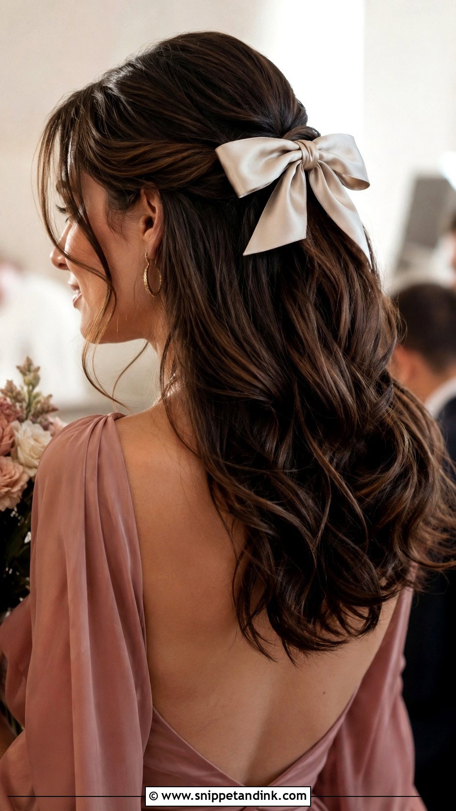 Half Up Curls With Hair Bow Wedding Guest Hairstyle - Snippet and Ink - 15 Half-Up Curls Wedding Guest Hairstyles