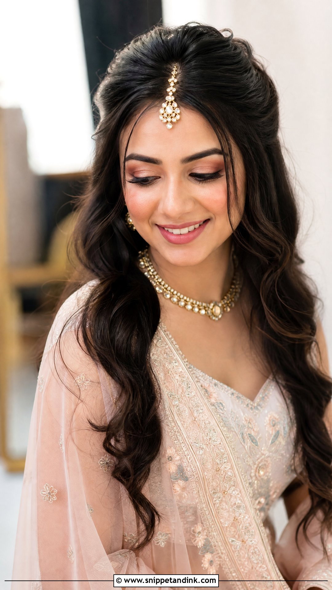 Half Up Curls With Maang Tikka - Snippet and Ink - 15 Easy Hairstyles for Indian Wedding