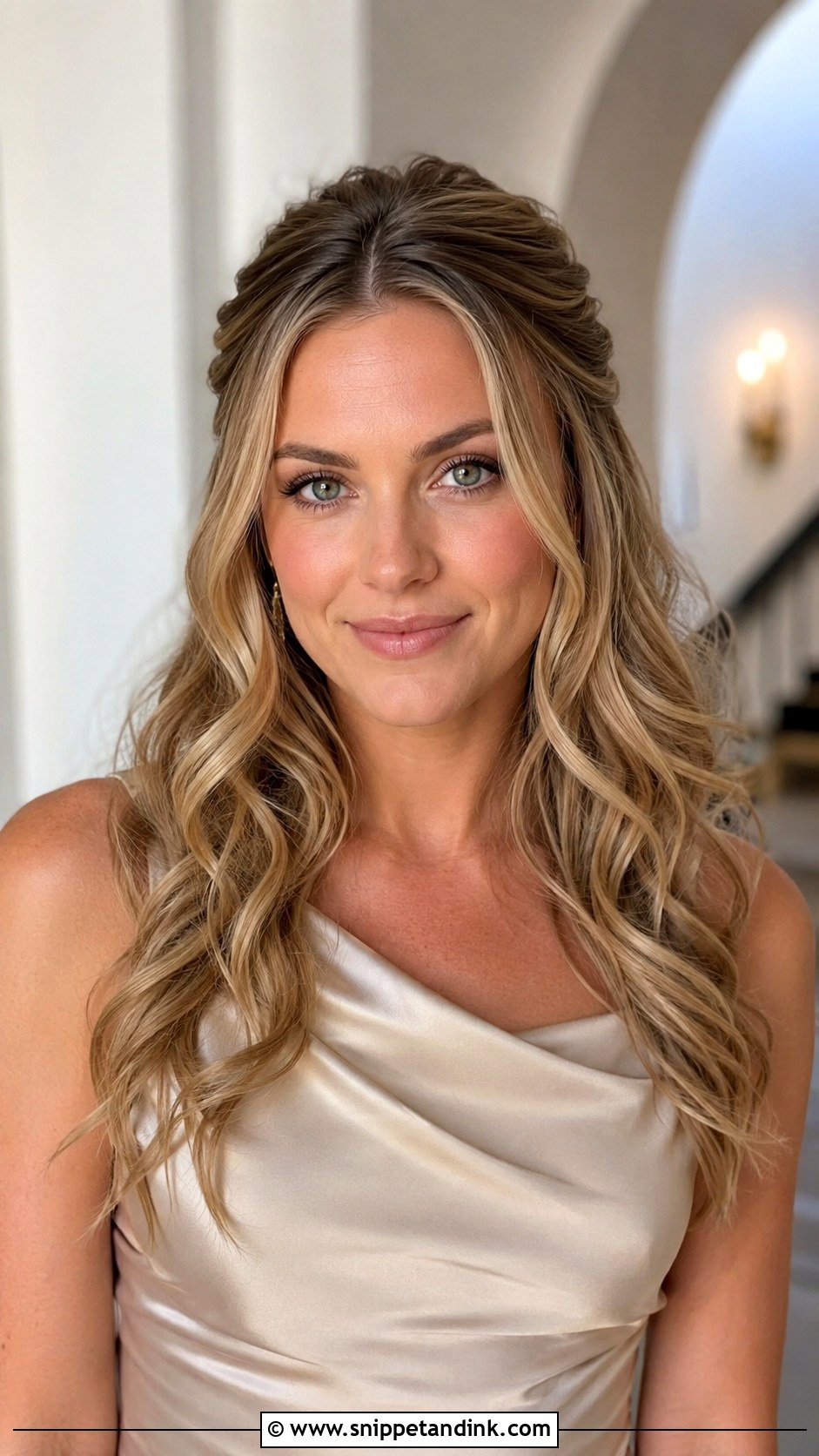 Half Up Curls With Middle Part Wedding Guest Hairstyle - Snippet and Ink - 15 Half-Up Curls Wedding Guest Hairstyles