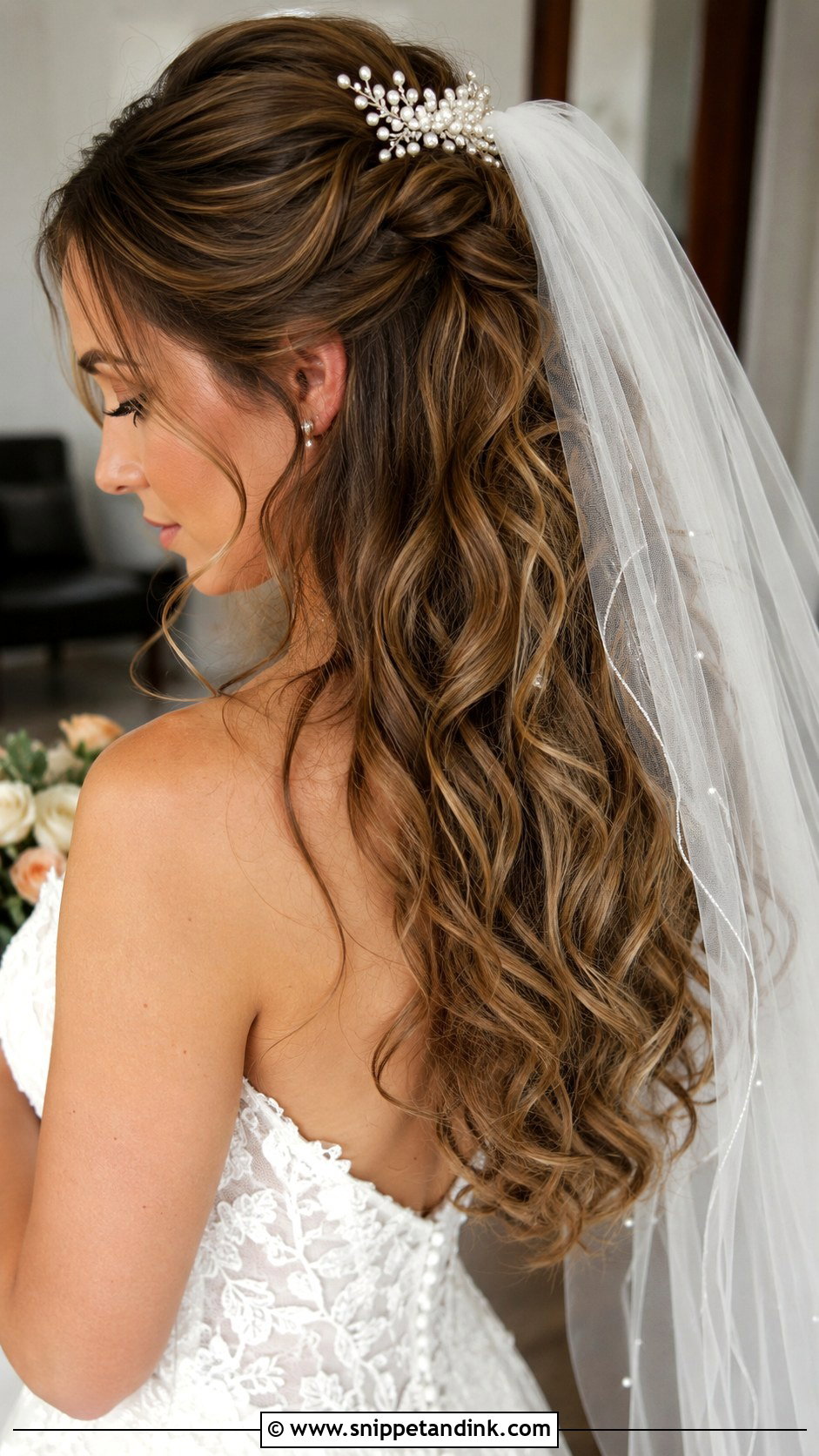 Half Up Curls With Pearl Comb and Veil - Snippet and Ink - 20 Curly Hair with Veil Ideas