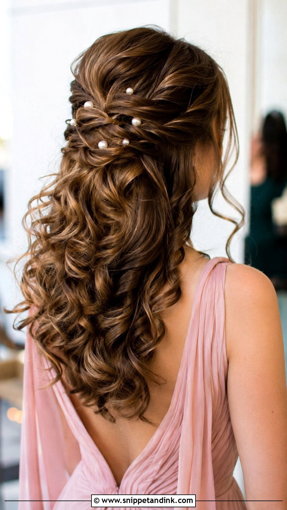 Half Up Curls With Pearl Pins Wedding Guest Hairstyle - Snippet and Ink - 15 Half-Up Curls Wedding Guest Hairstyles