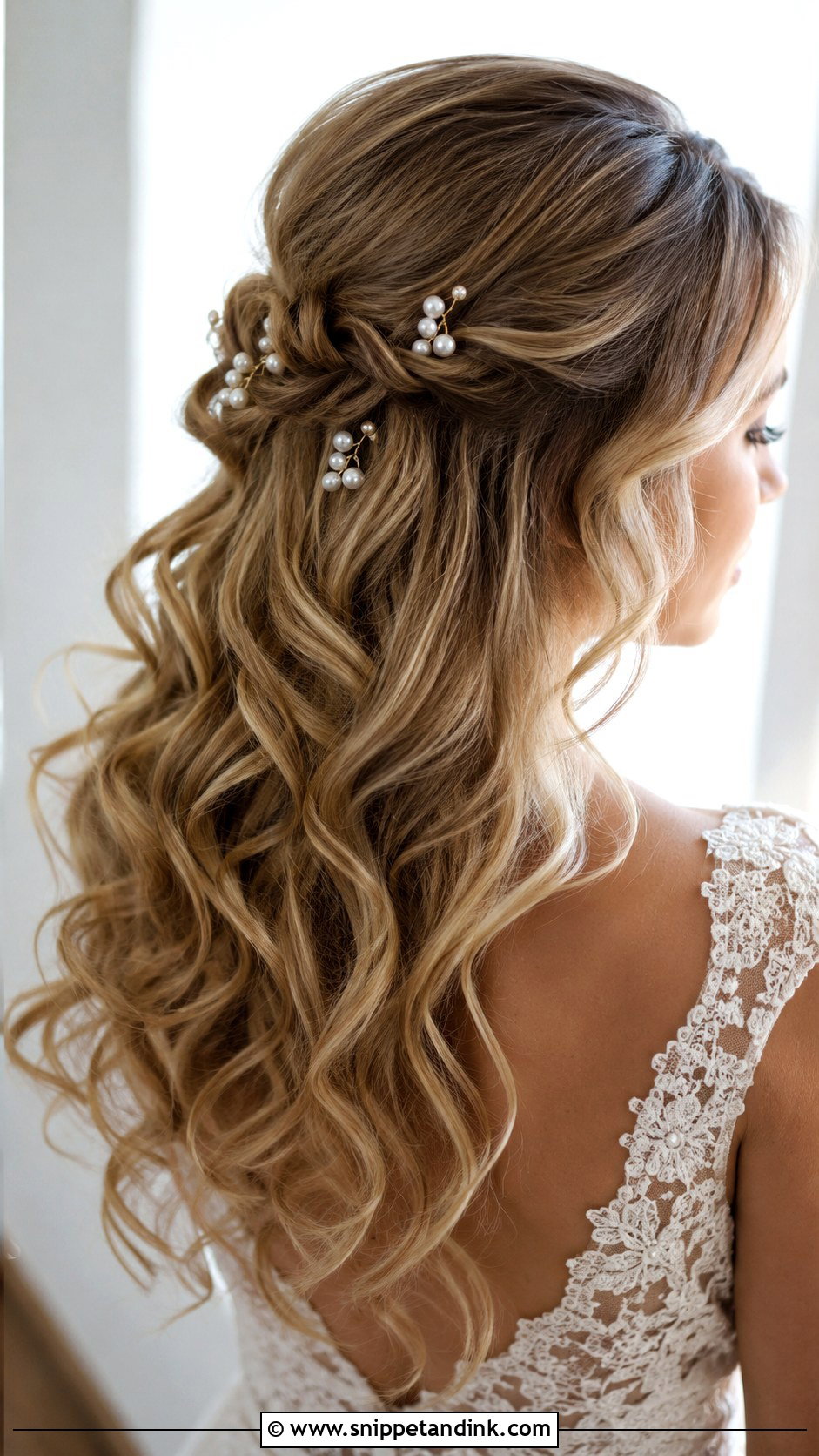 Half Up Curls With Pearl Pins - Snippet and Ink - 25 60s Wedding Hair Ideas