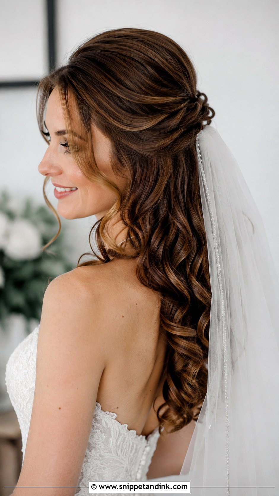 Half Up Curls With Veil Wedding Hair - Snippet and Ink - 25 Romantic Half-Up Wedding Hair Ideas