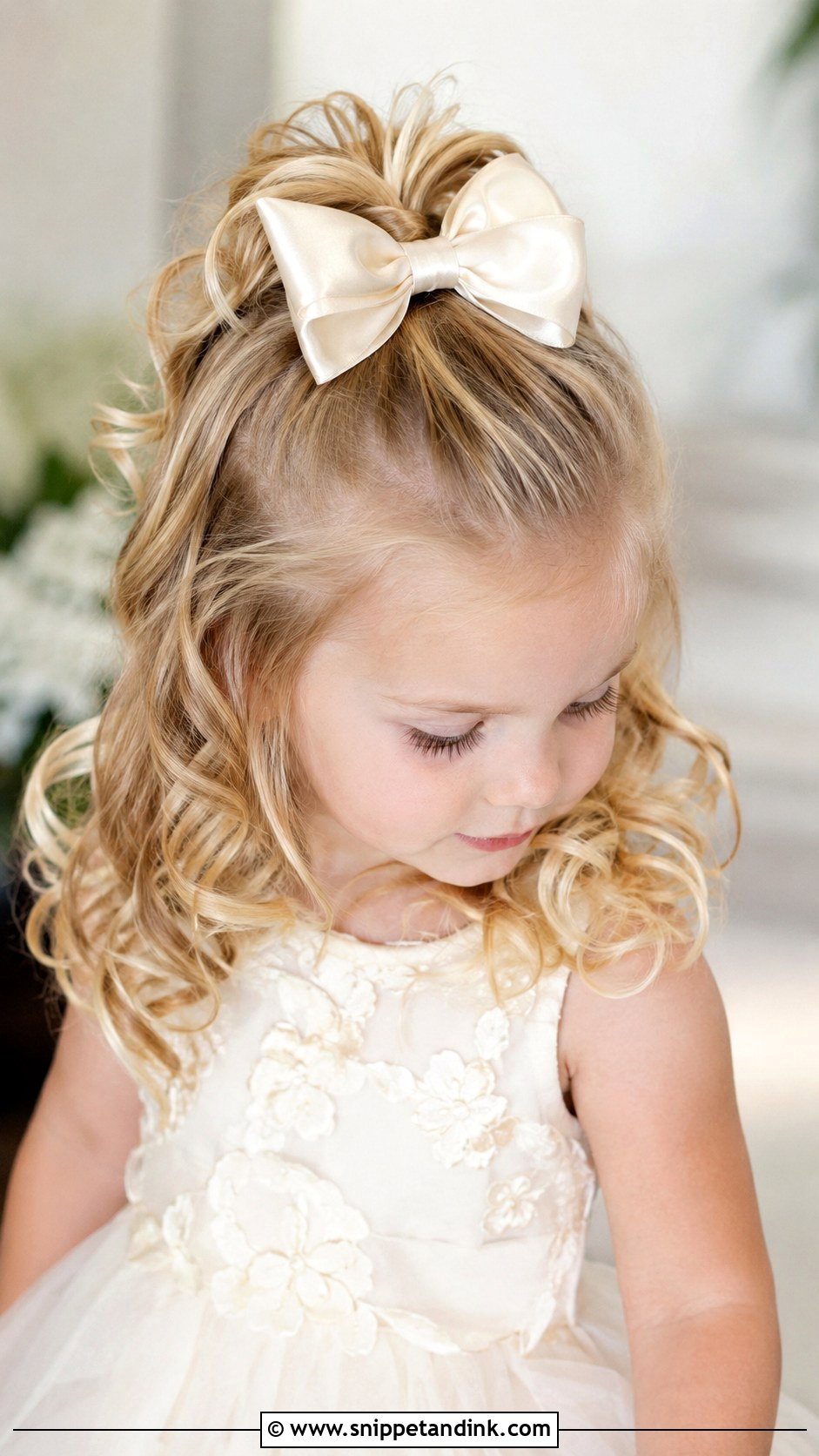 Half Up Curls With a Bow - Snippet and Ink - 20 Toddler Hair for Wedding Ideas