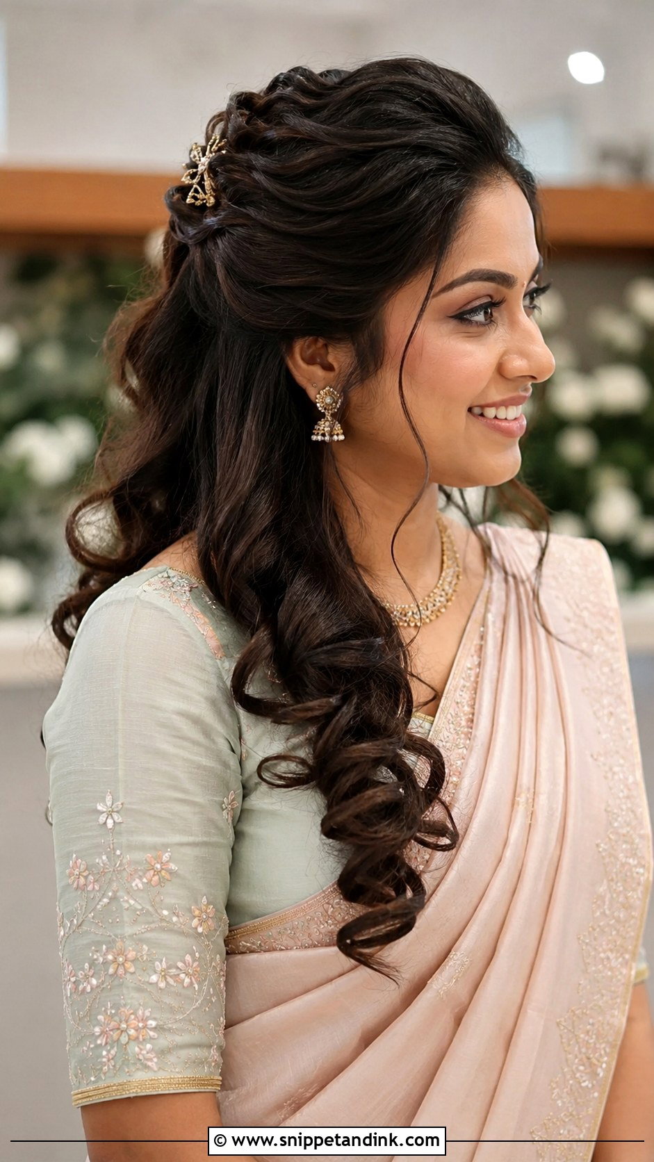 Half Up Curls for Engagement Ceremony - Snippet and Ink - 25 Kerala Hindu Bridal Hairstyles