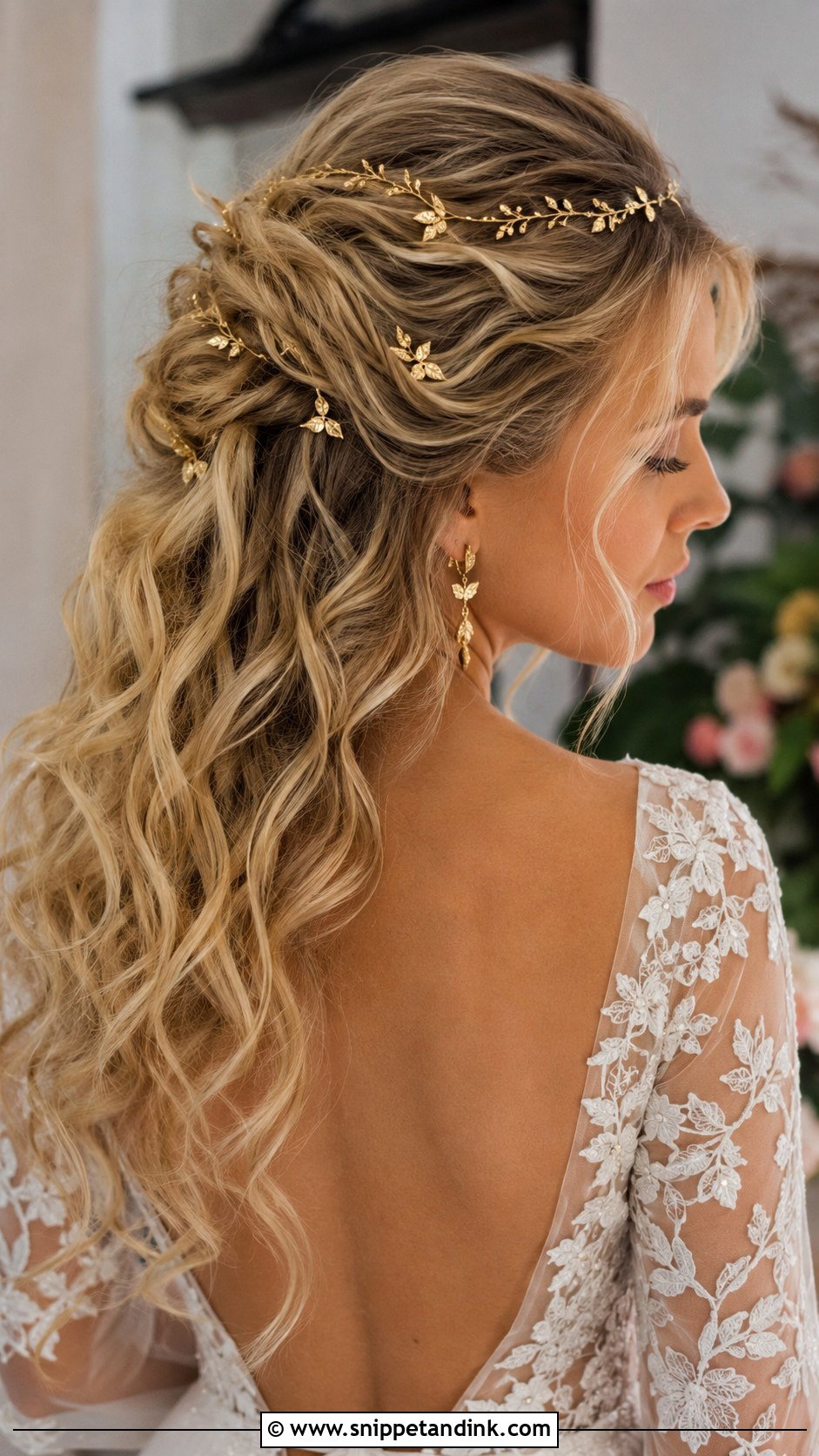 Half Up Curls with Gold Accents - Snippet and Ink - 25 Half-Up Short Hair Wedding Ideas