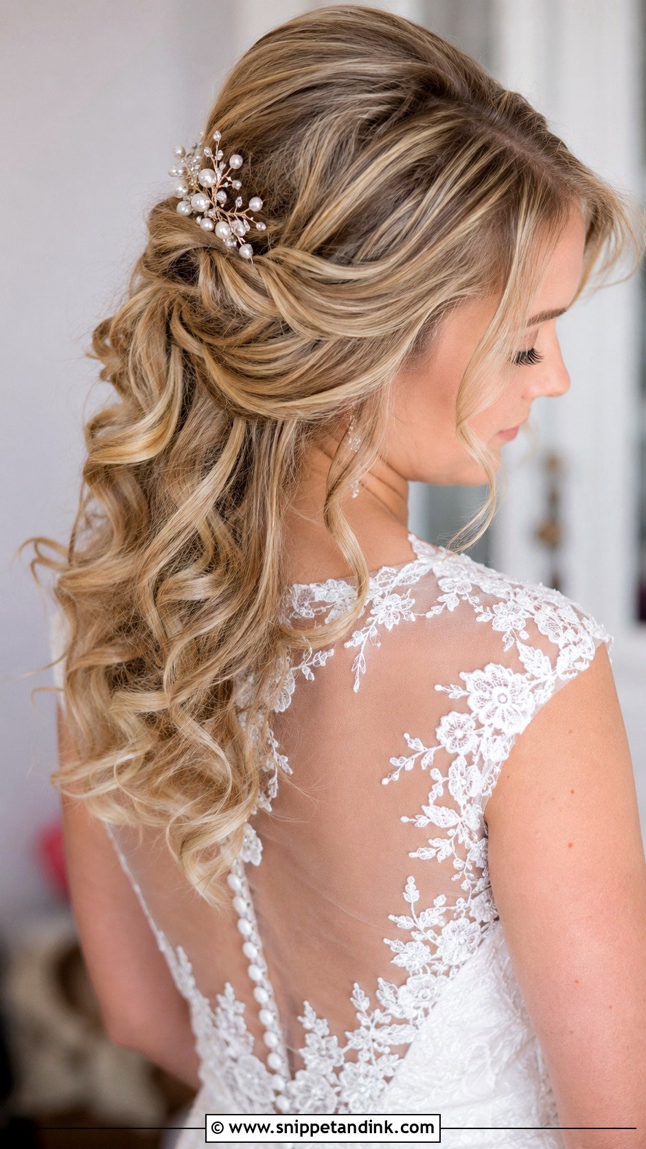 Half Up Curls with Hair Accessory - Snippet and Ink - 25 Elegant Bridal Hair Ideas