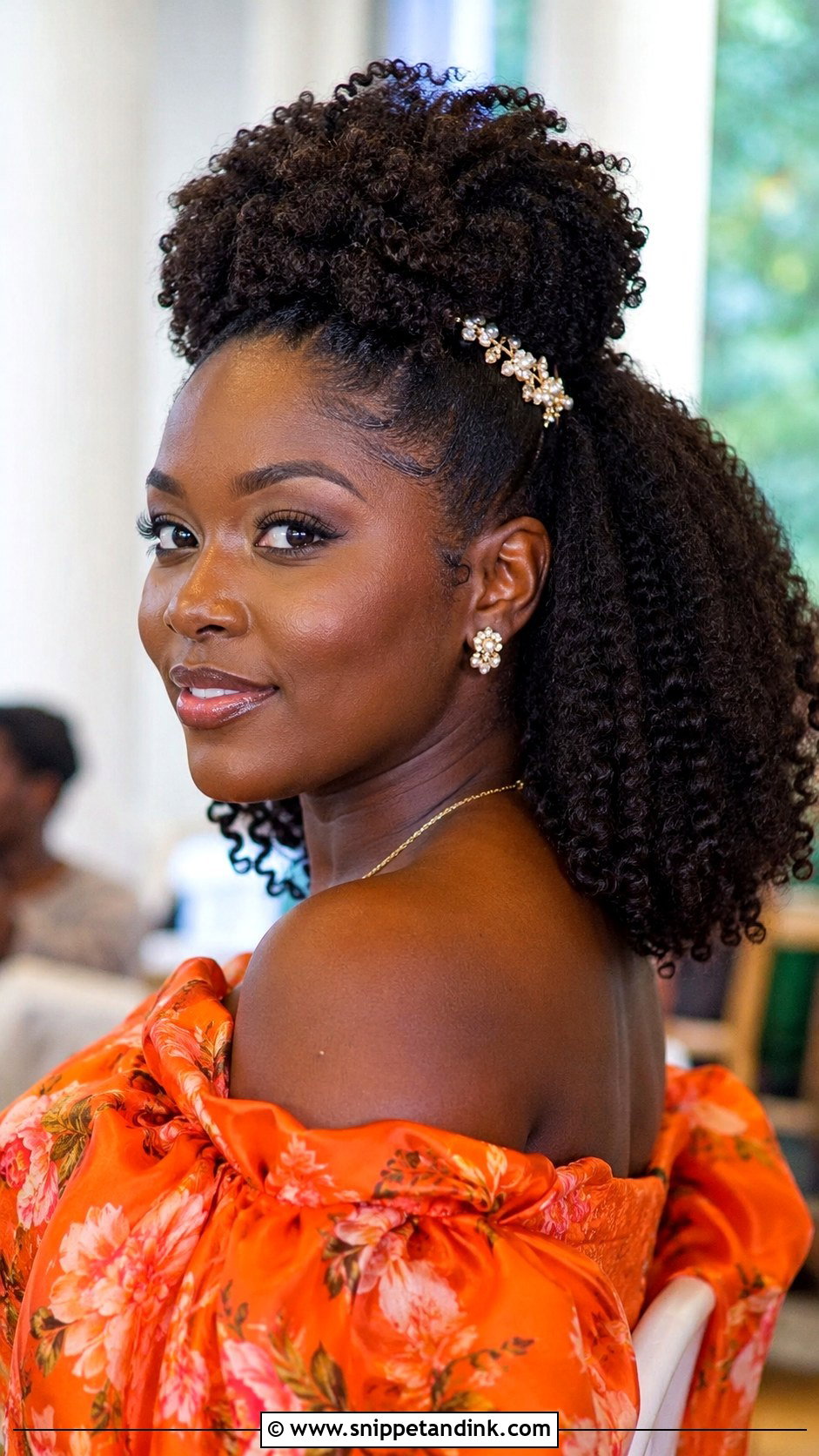 Half Up Curly Afro Puff - Snippet and Ink - 25 Half-Up Wedding Guest Hairstyles