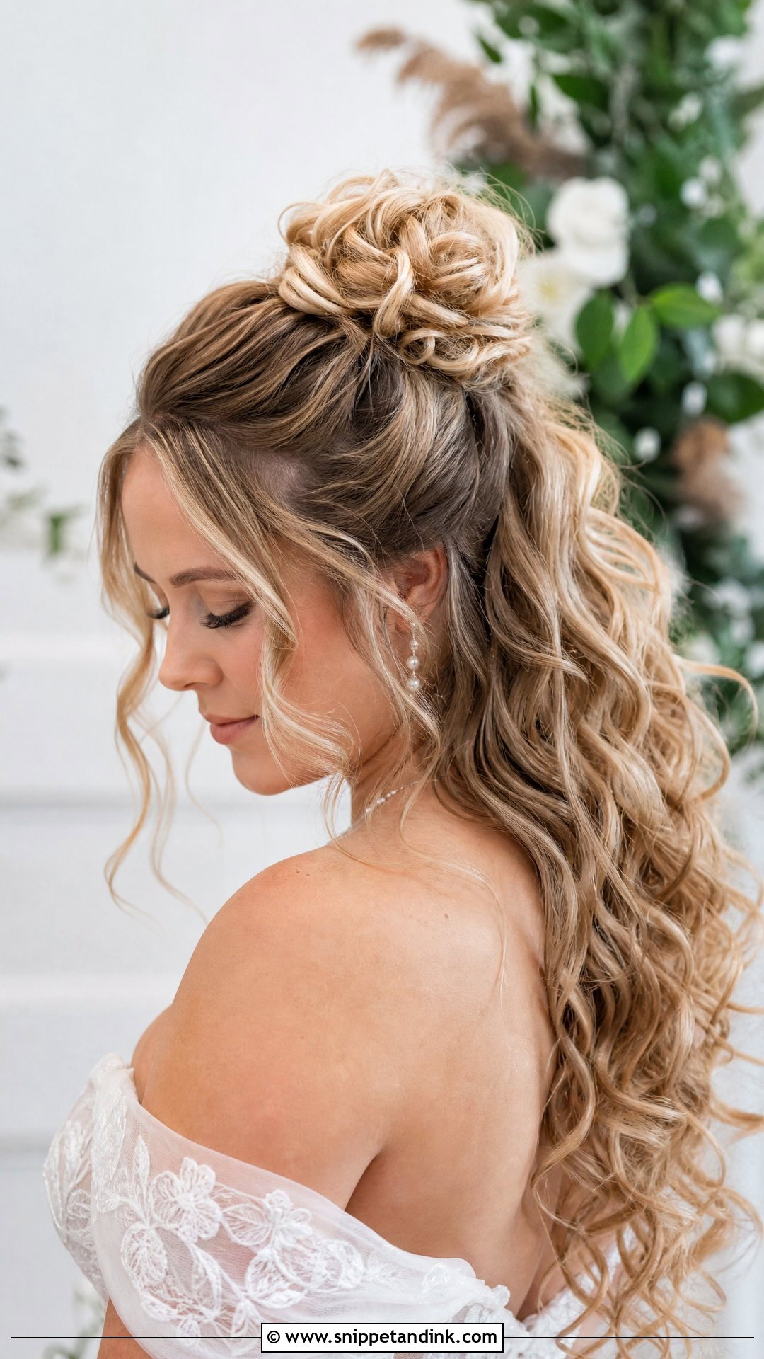 Half Up Curly Bun Wedding Hairstyle - Snippet and Ink - 20 Curly Bun Wedding Hairstyles