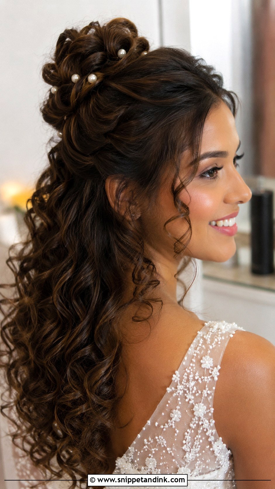 Half Up Curly Bun With Pearls - Snippet and Ink - 25 Curly Bridal Hairstyles