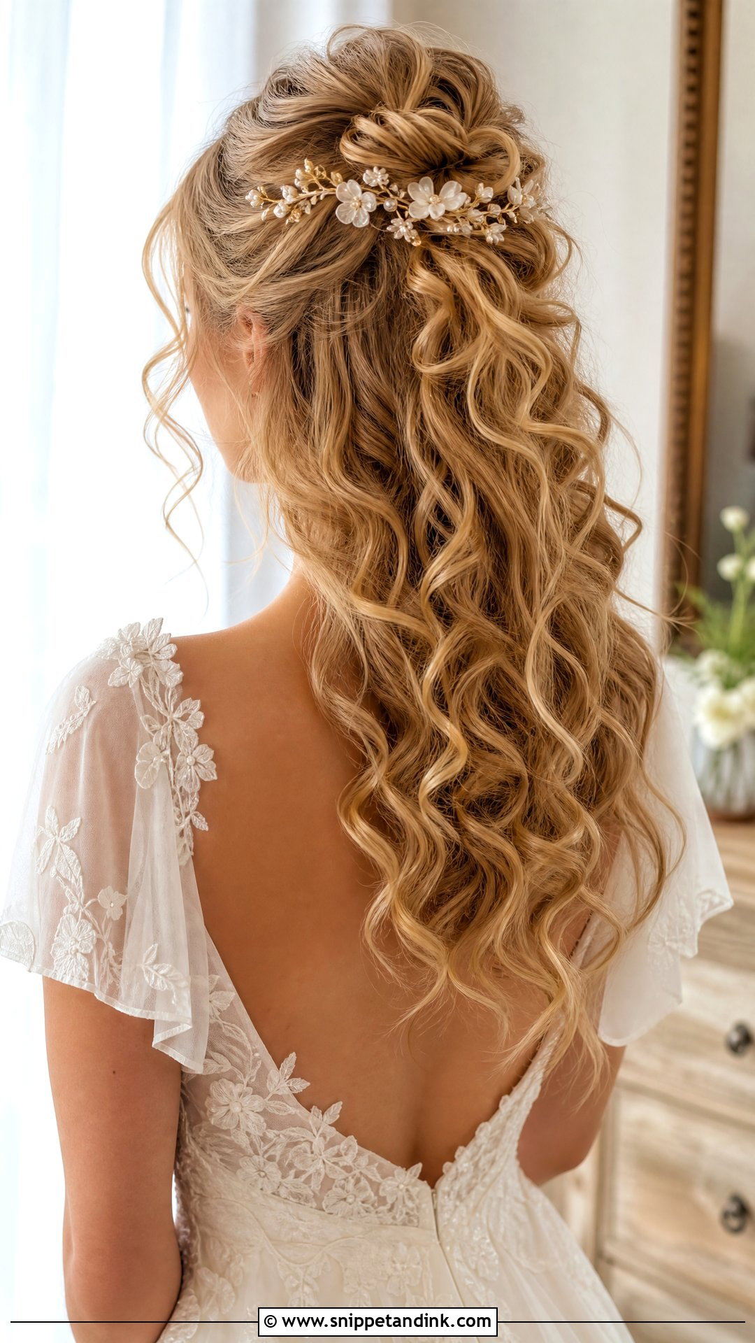 Half Up Curly Hair Wedding Bun - Snippet and Ink - 15 Curly Hair Bun Wedding Ideas
