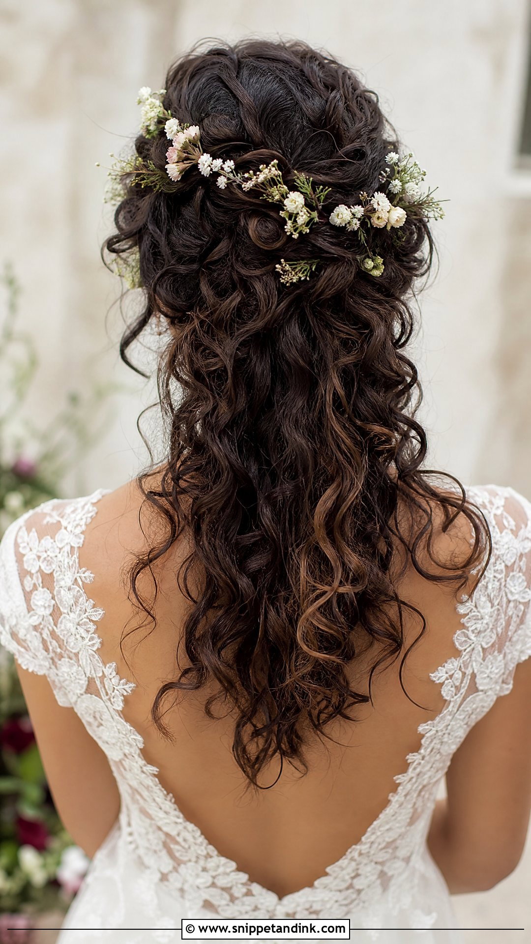 Half Up Curly Hair With Fresh Flowers - Snippet and Ink - 20 Curly Hair Half-Up Half-Down Wedding Ideas