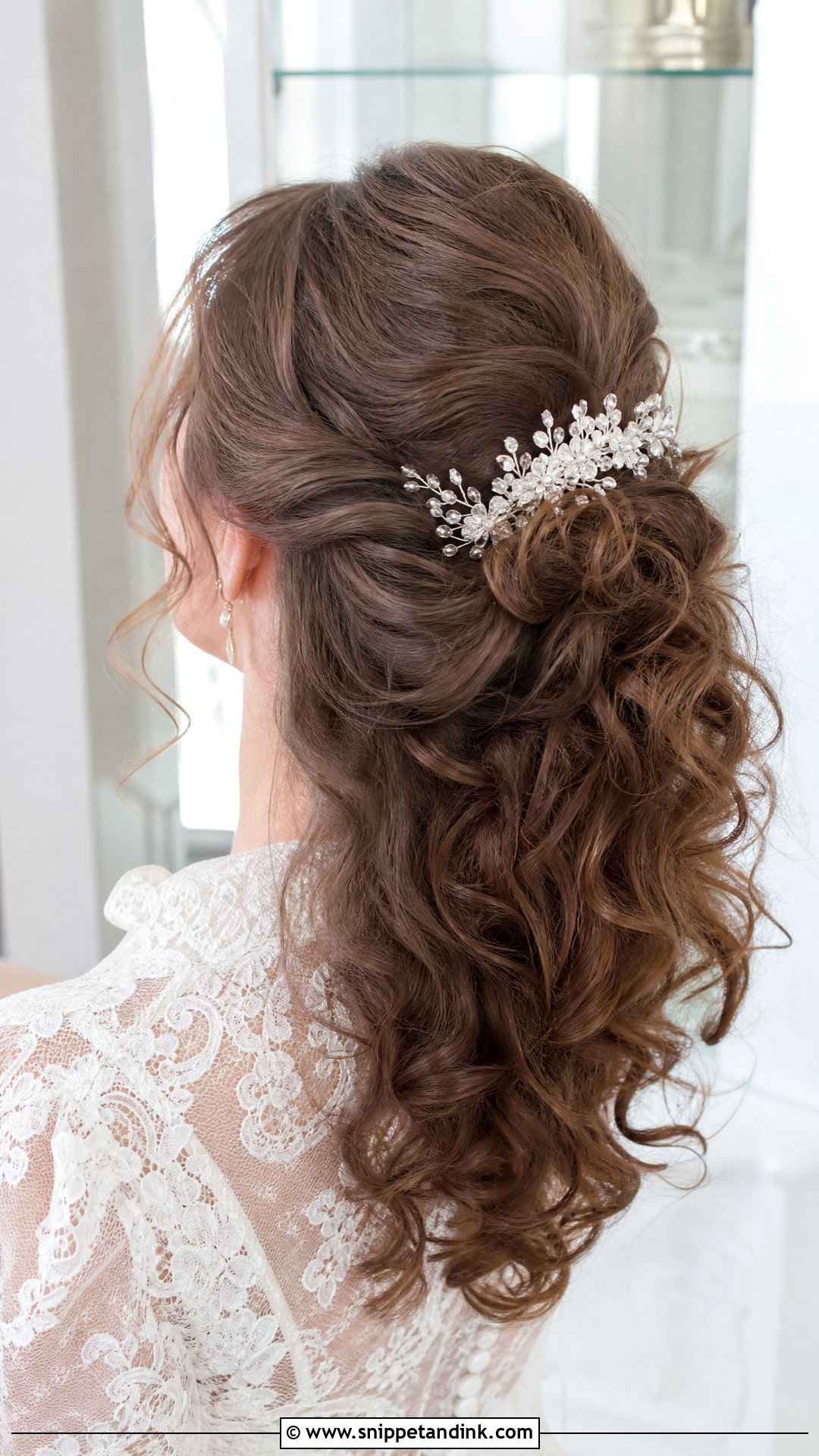 Half Up Curly Hair With a Crystal Comb - Snippet and Ink - 20 Curly Hair Half-Up Half-Down Wedding Ideas