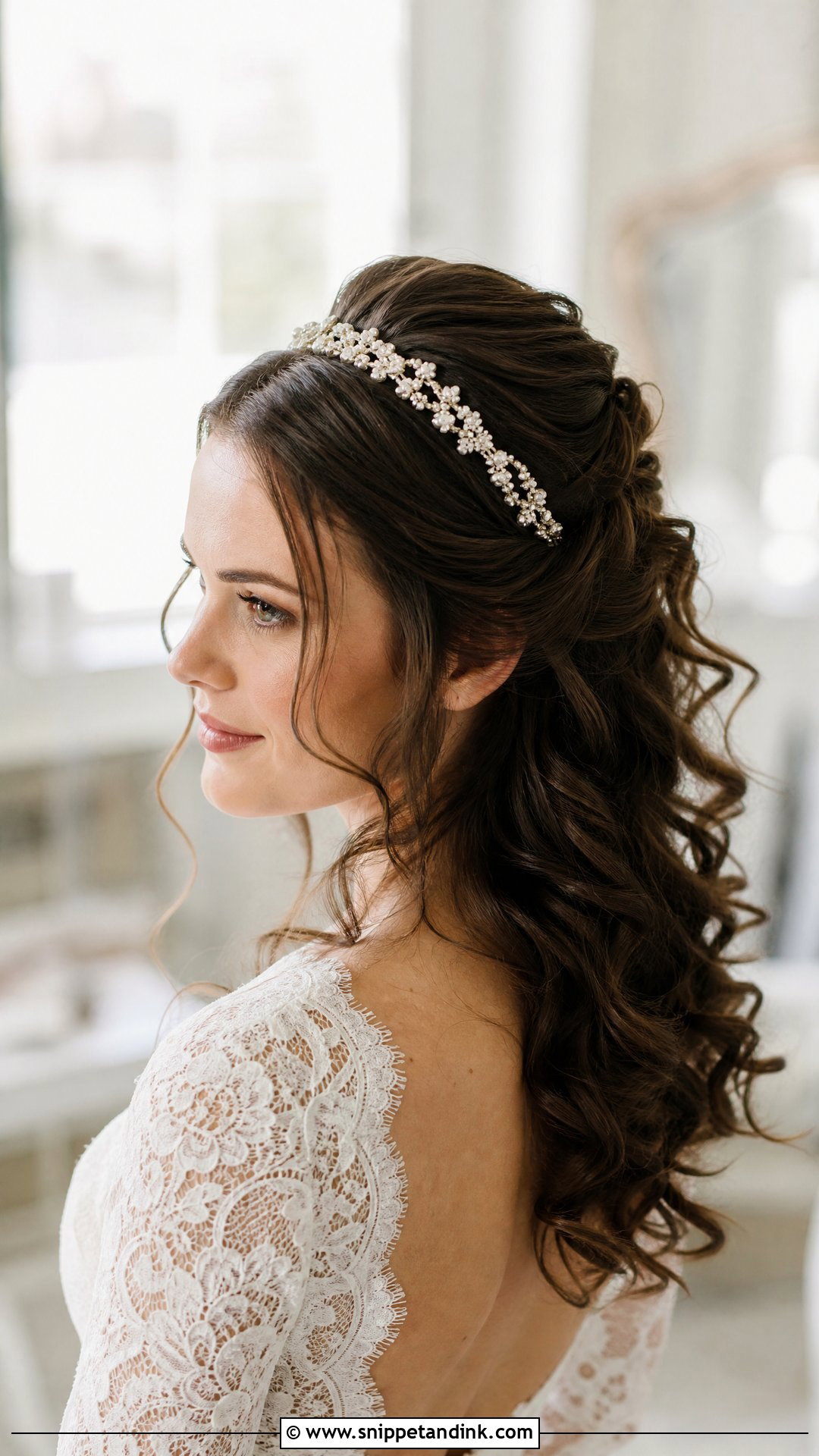 Half Up Curly Hair With a Headband - Snippet and Ink - 20 Curly Hair Half-Up Half-Down Wedding Ideas