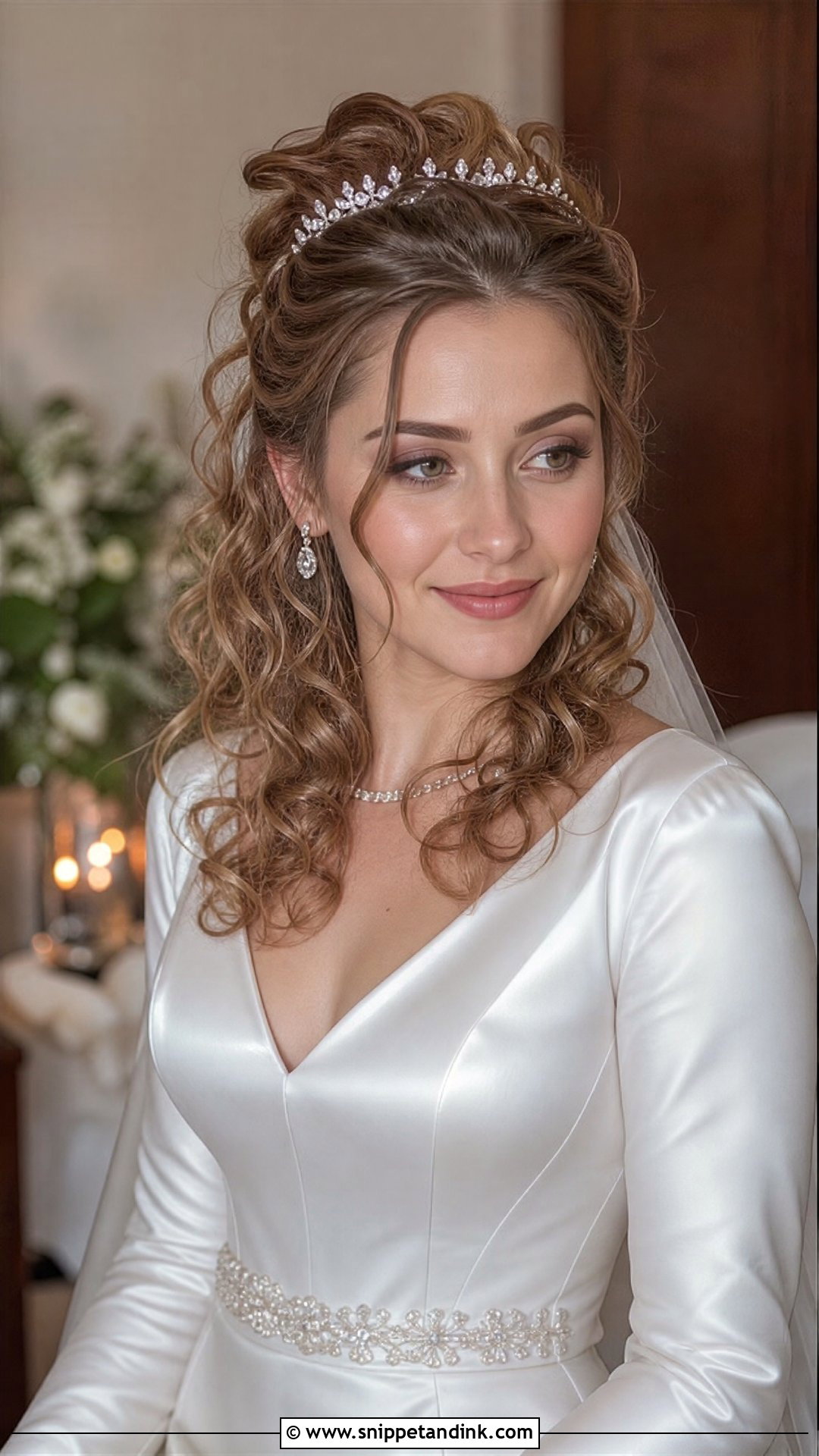 Half Up Curly Hair With a Tiara - Snippet and Ink - 20 Curly Hair Half-Up Half-Down Wedding Ideas