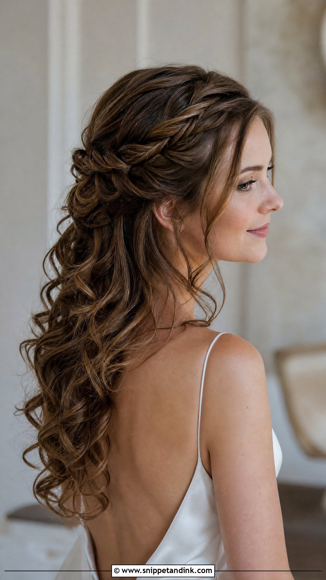 Half Up Curly Hair With a Twisted Crown - Snippet and Ink - 20 Curly Hair Half-Up Half-Down Wedding Ideas