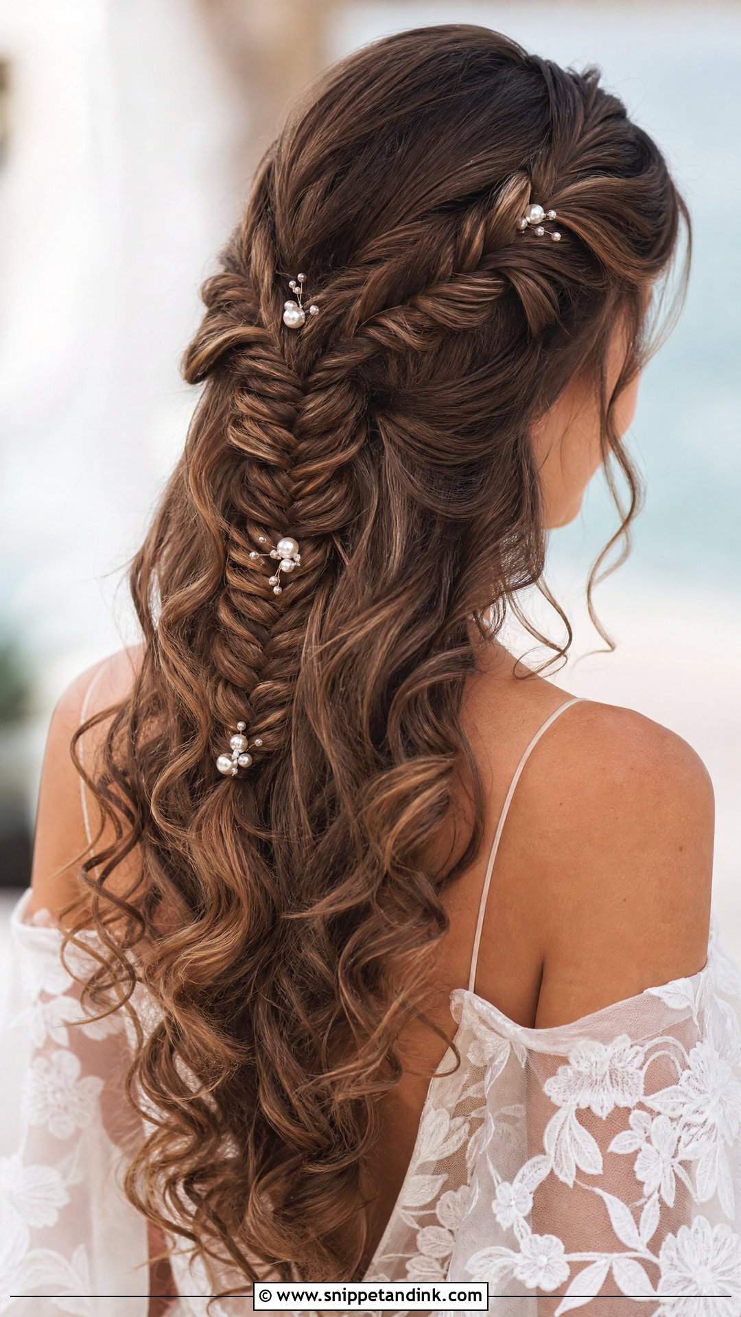 Half Up Curly Hairstyle With Fishtail Braid - Snippet and Ink - 20 Half-Up Curly Wedding Hairstyles