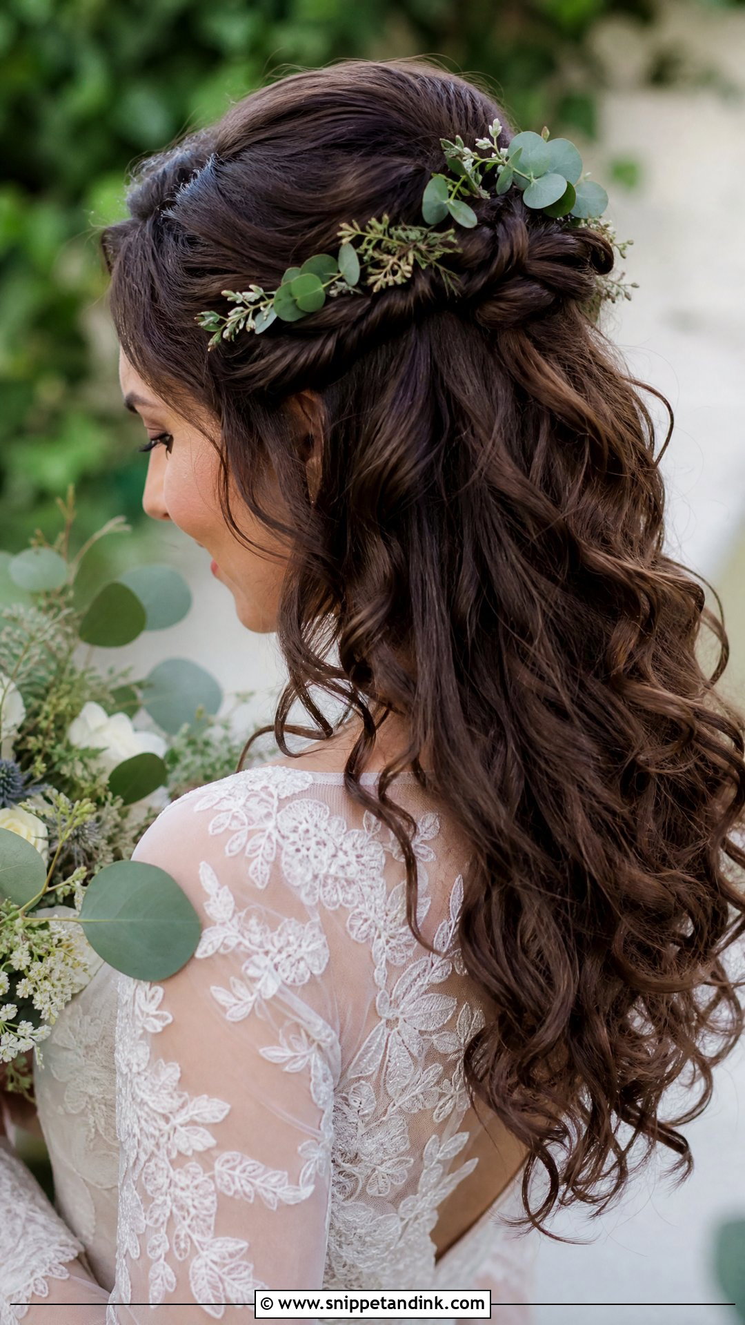 Half Up Curly Hairstyle With Greenery - Snippet and Ink - 20 Half-Up Curly Wedding Hairstyles
