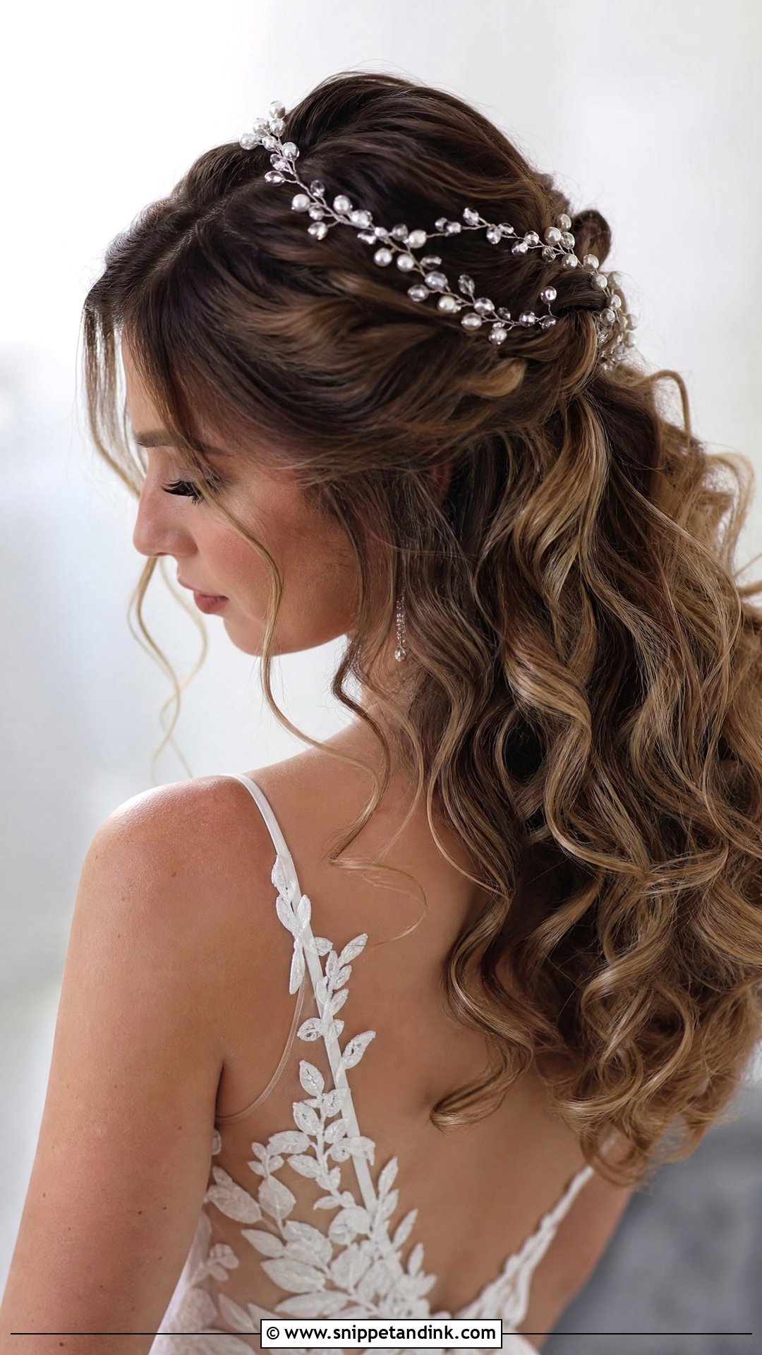 Half Up Curly Hairstyle With Hair Vine - Snippet and Ink - 20 Half-Up Curly Wedding Hairstyles