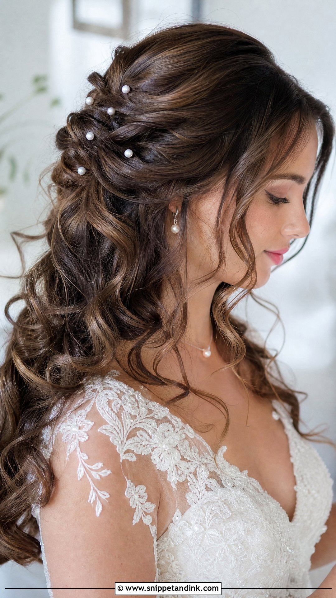Half Up Curly Hairstyle With Pearl Pins - Snippet and Ink - 20 Half-Up Curly Wedding Hairstyles